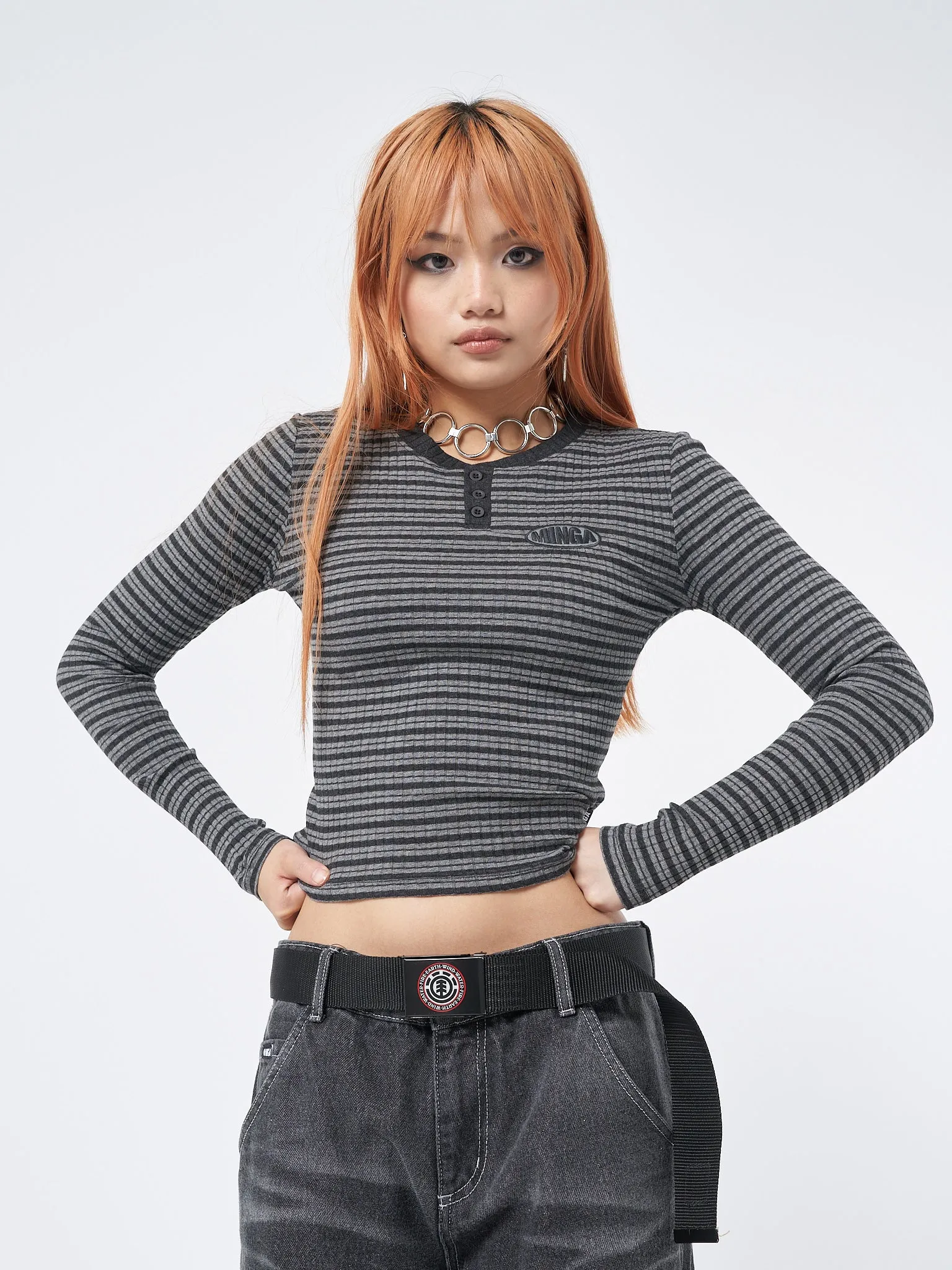 Graphite Half Button Striped Rib Top