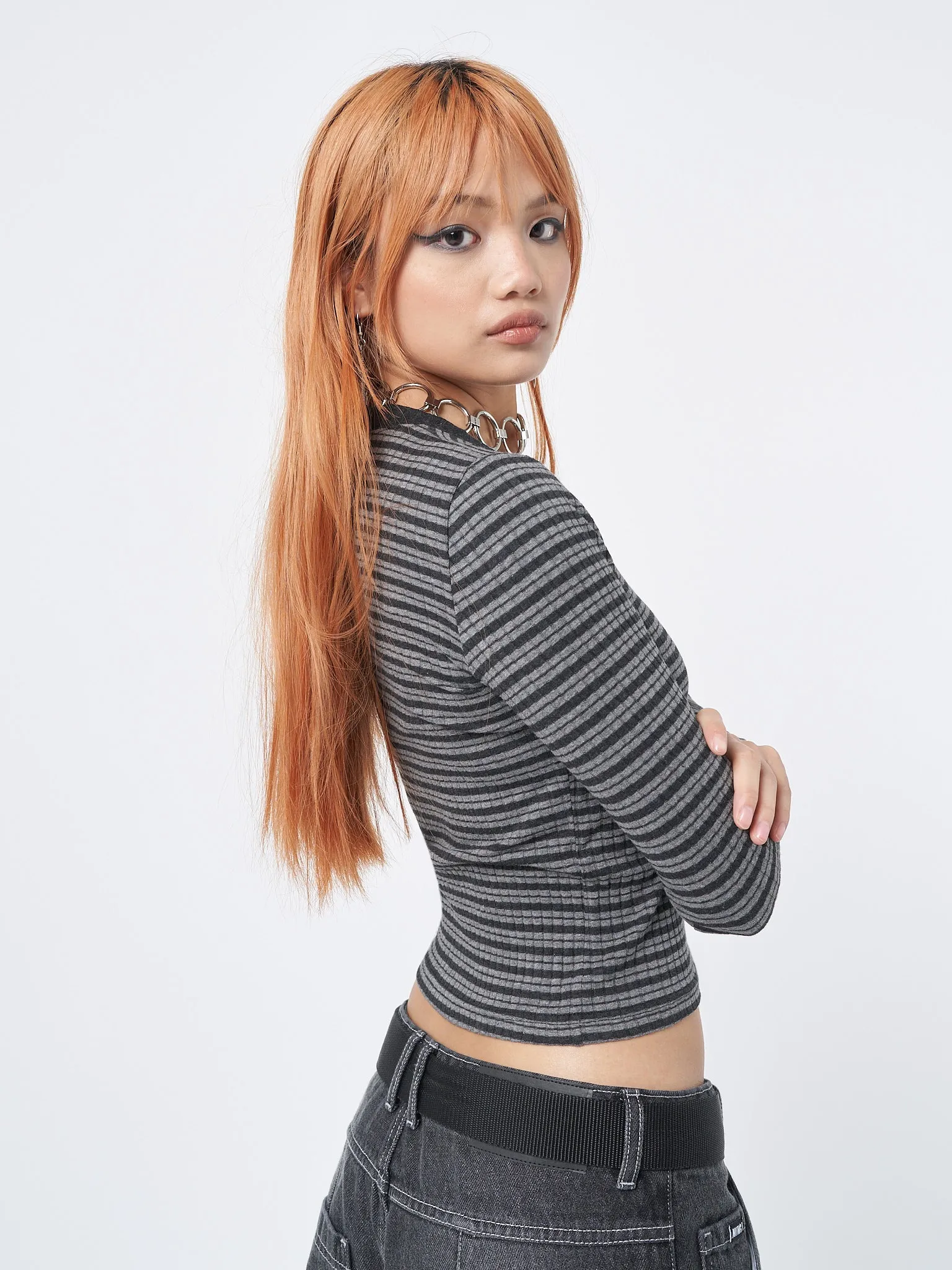 Graphite Half Button Striped Rib Top