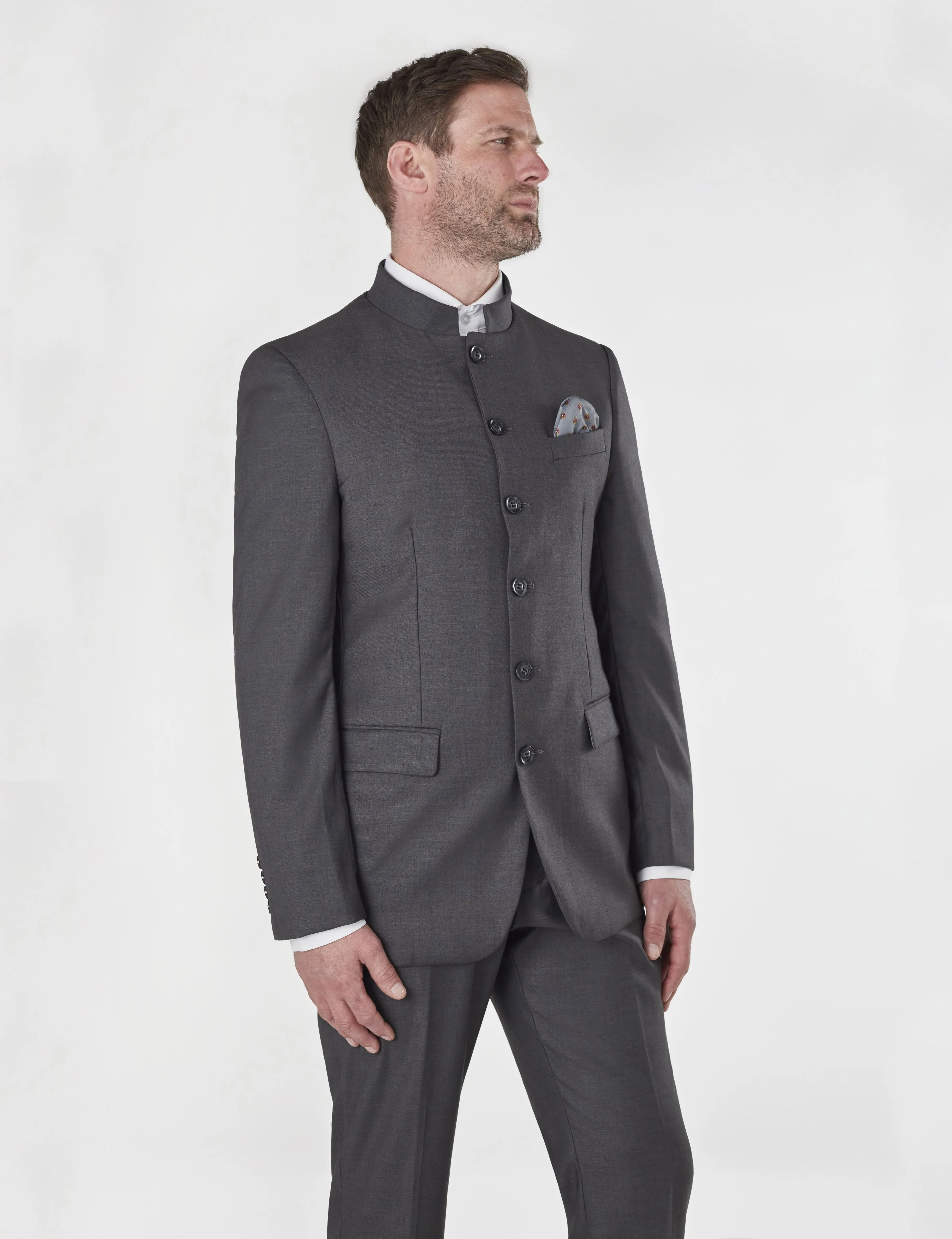 Grey Chinese Grandad Collar Nehru Jacket Suit