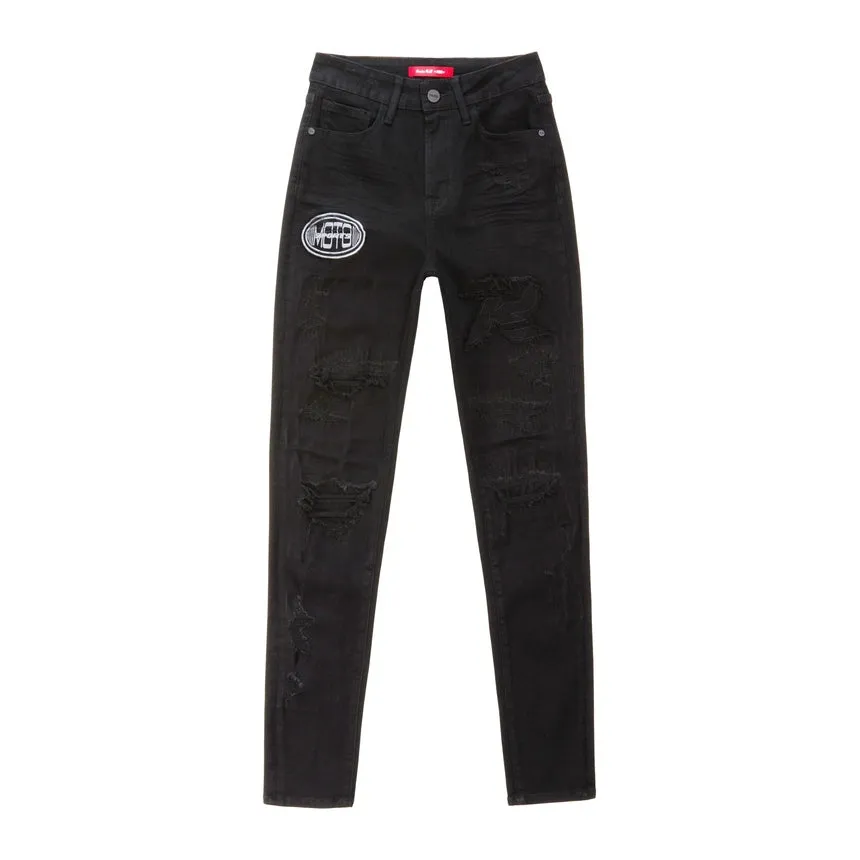 High Rise Slim Skinny Racing Denim Jeans - Deep Black