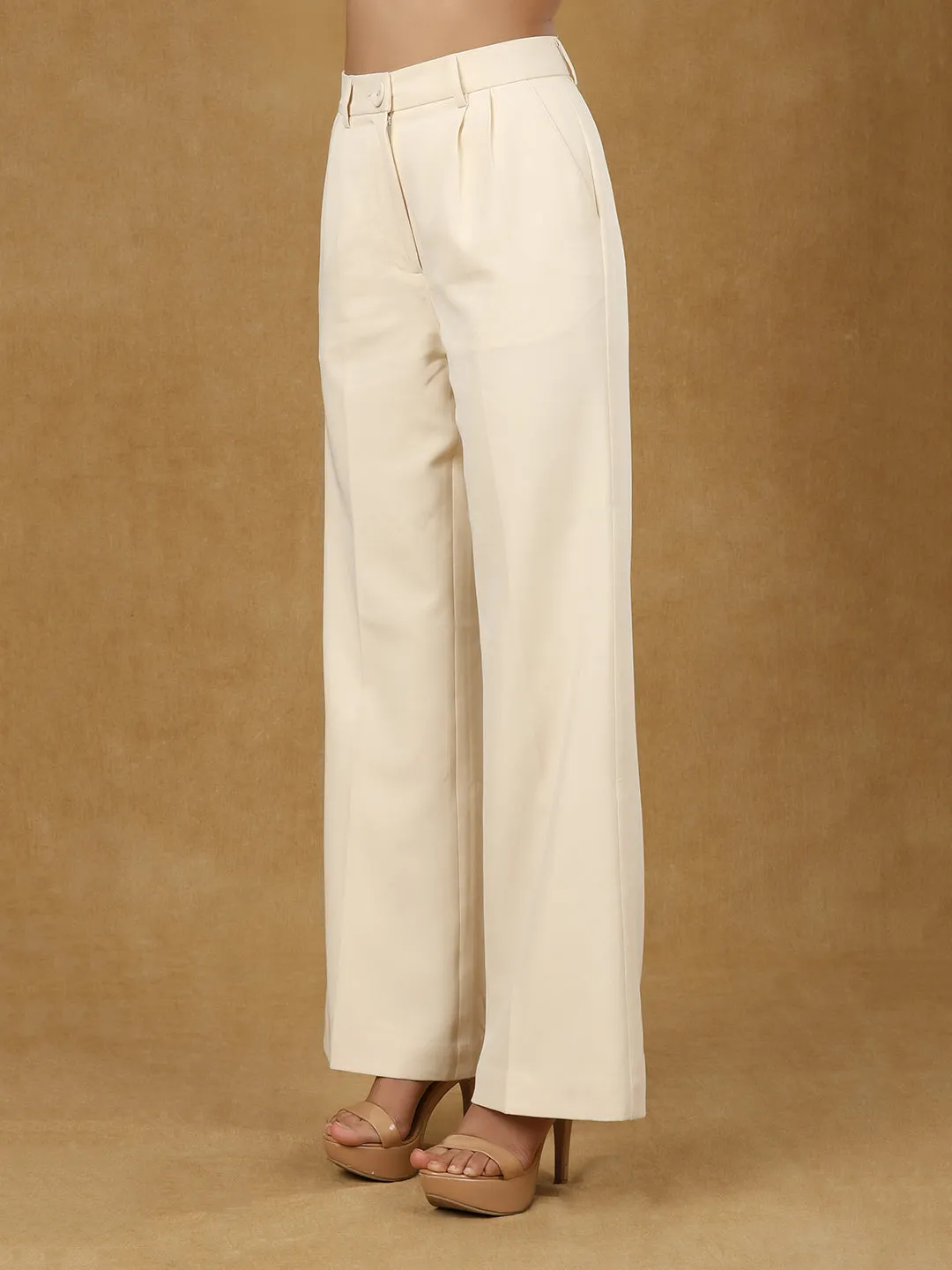 Ivory Pleated High Waist Wide Leg Trouser