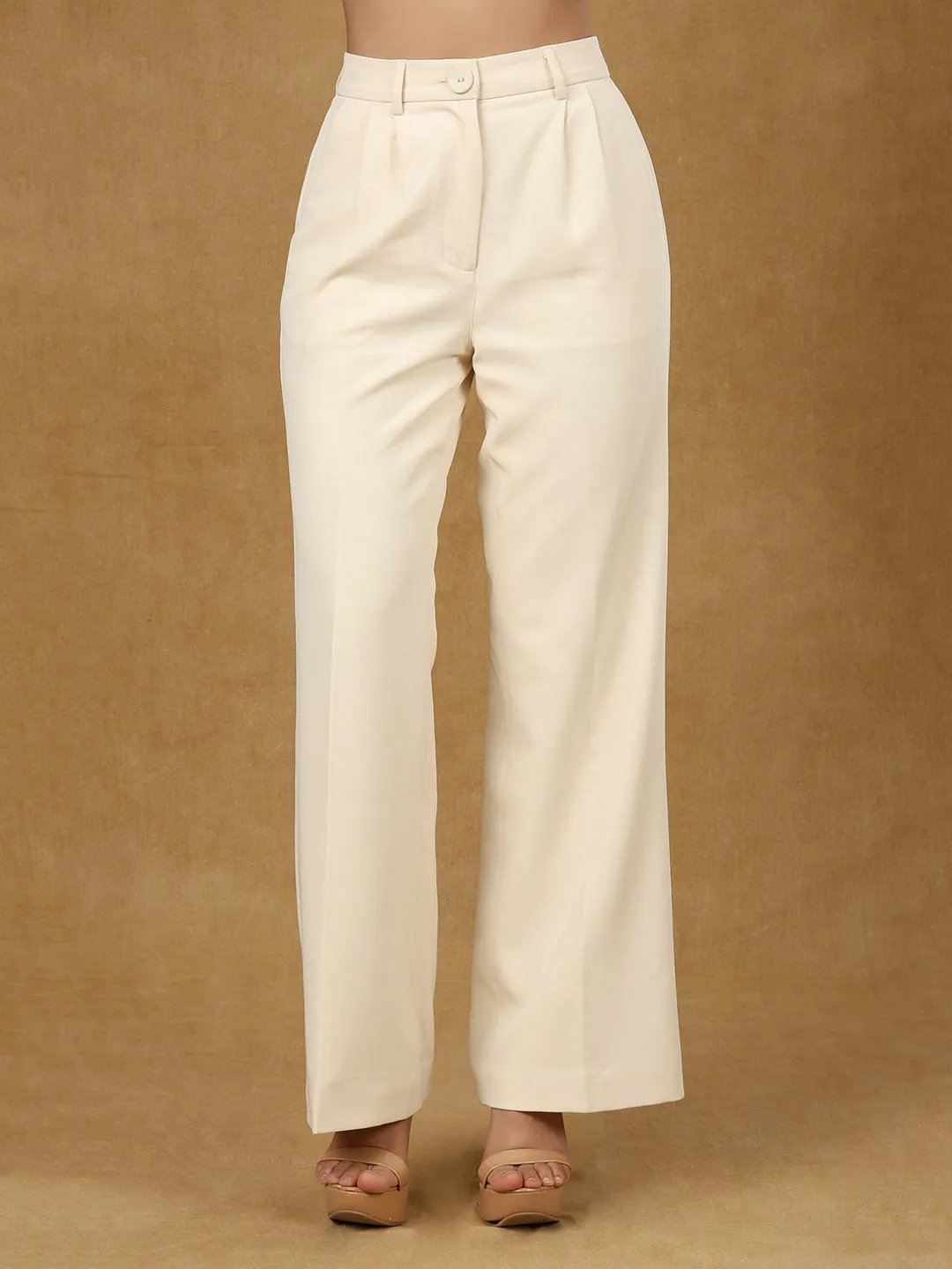 Ivory Pleated High Waist Wide Leg Trouser