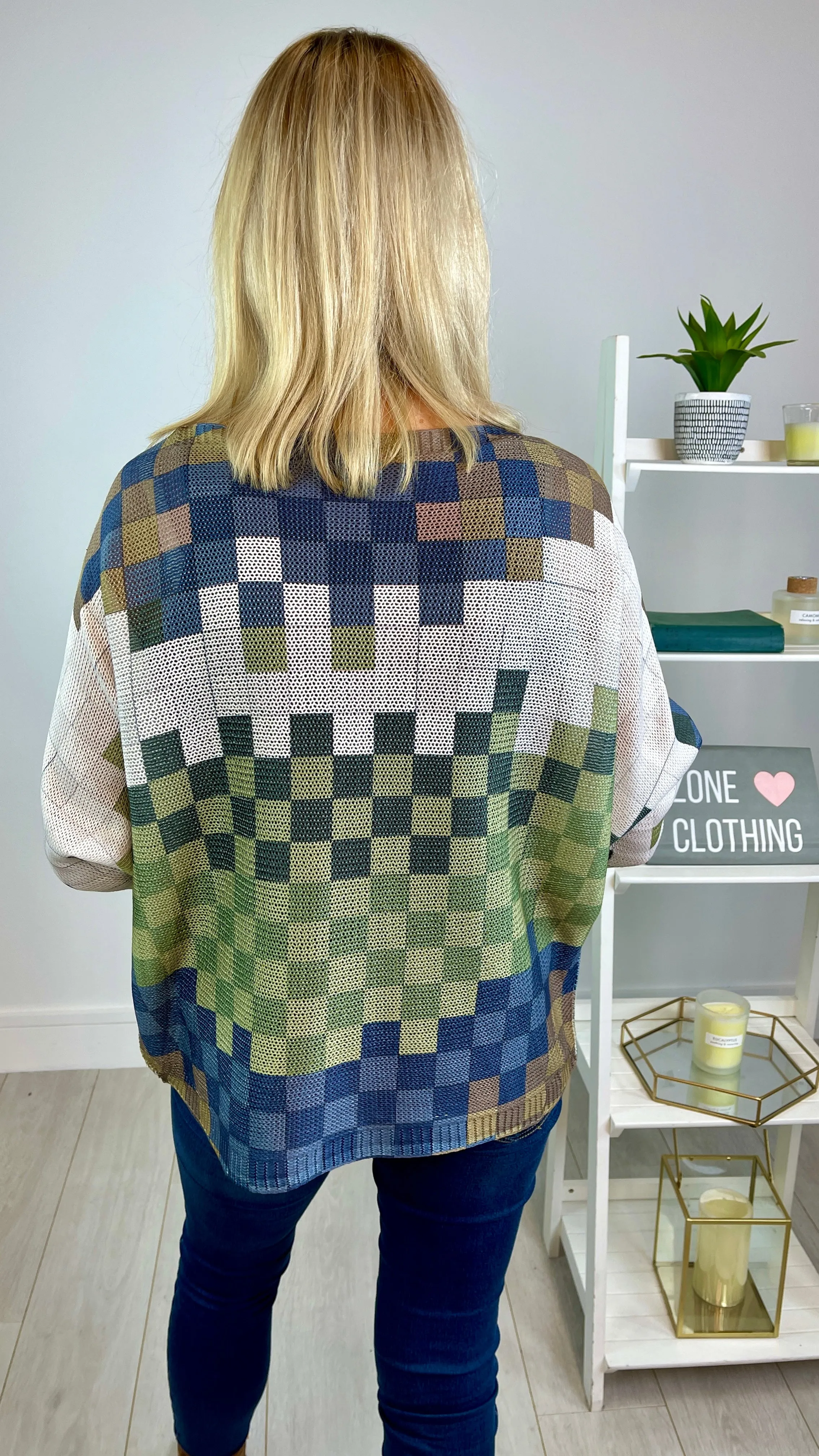 Joey - Green/Blue Square Print Fine Knit Top