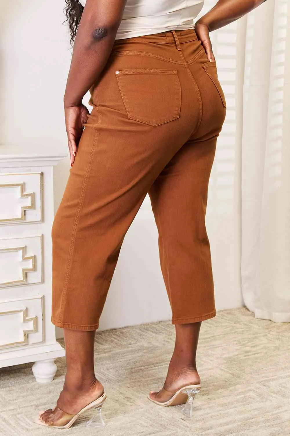 Judy Blue Tummy Control Garment Dyed Wide Crop in Caramel