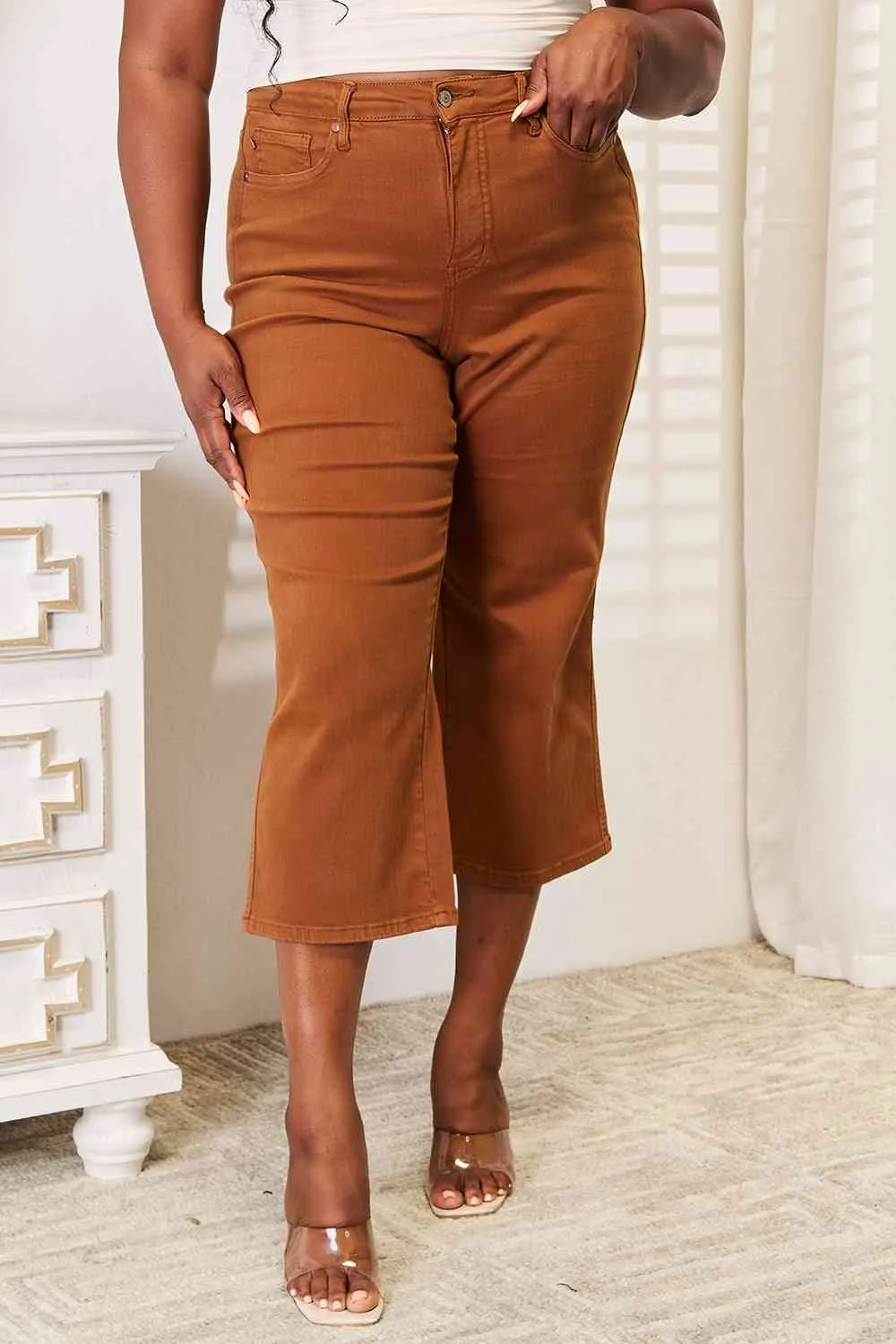 Judy Blue Tummy Control Garment Dyed Wide Crop in Caramel