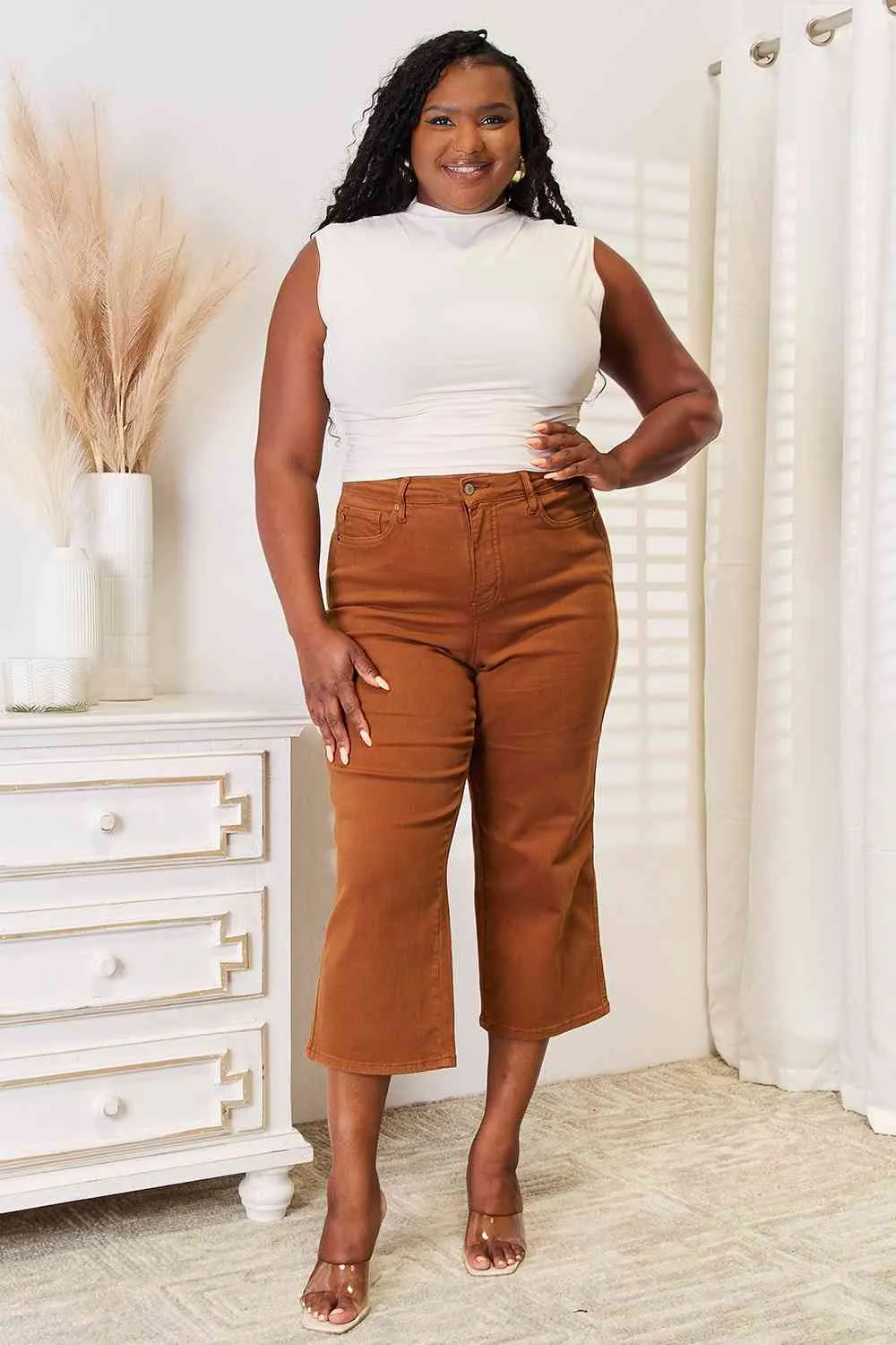 Judy Blue Tummy Control Garment Dyed Wide Crop in Caramel