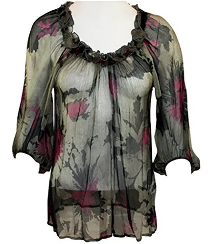 Karen Kane - Black Mist, Animal Print, Tie Sleeve, Ruffled Collar Top