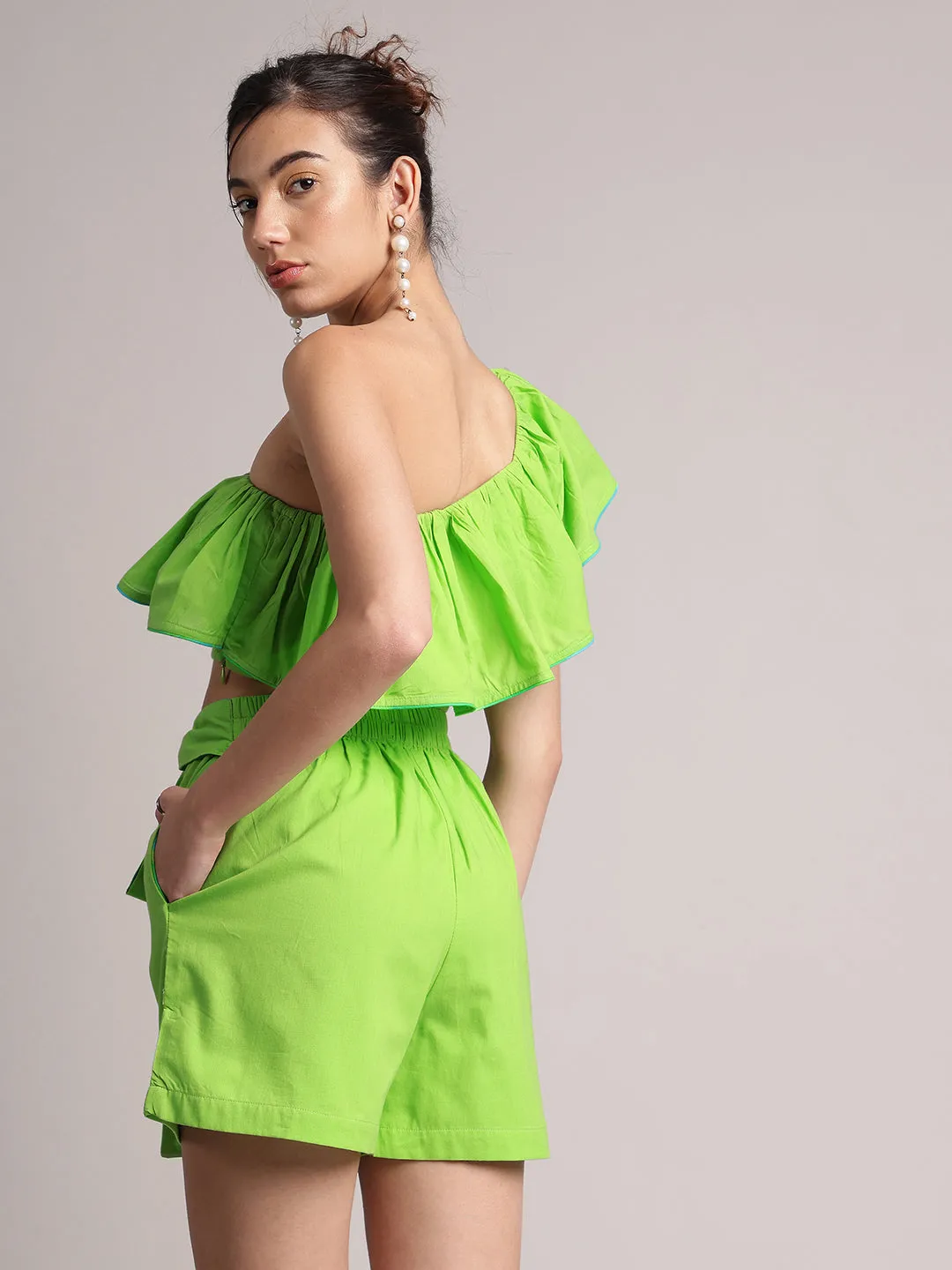 Lime Green Cotton Solid One Shoulder Co-Ord Set