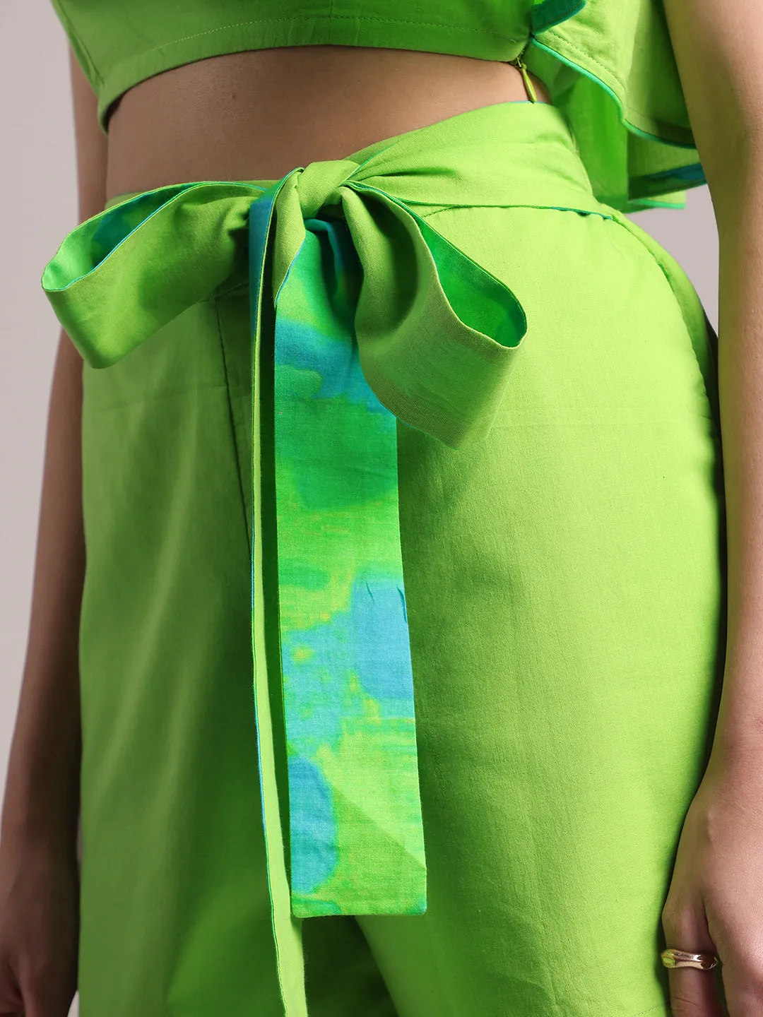 Lime Green Cotton Solid One Shoulder Co-Ord Set