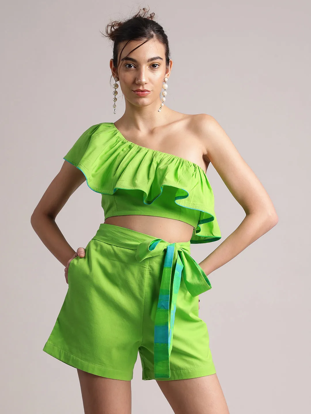 Lime Green Cotton Solid One Shoulder Co-Ord Set