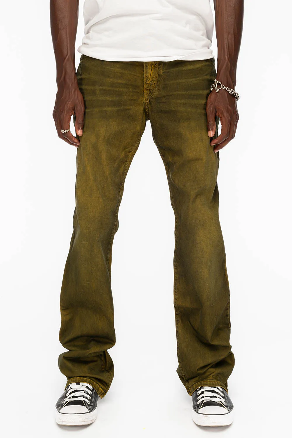 LONG FLAP MENS STRAIGHT JEANS WITH CRYSTALS IN DUSTY YELLOW