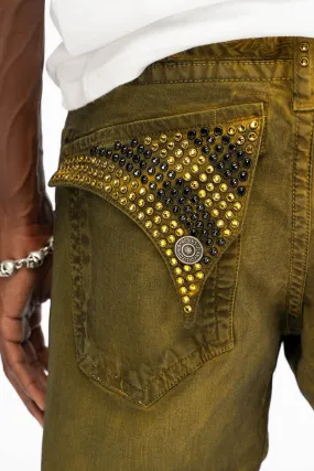 LONG FLAP MENS STRAIGHT JEANS WITH CRYSTALS IN DUSTY YELLOW