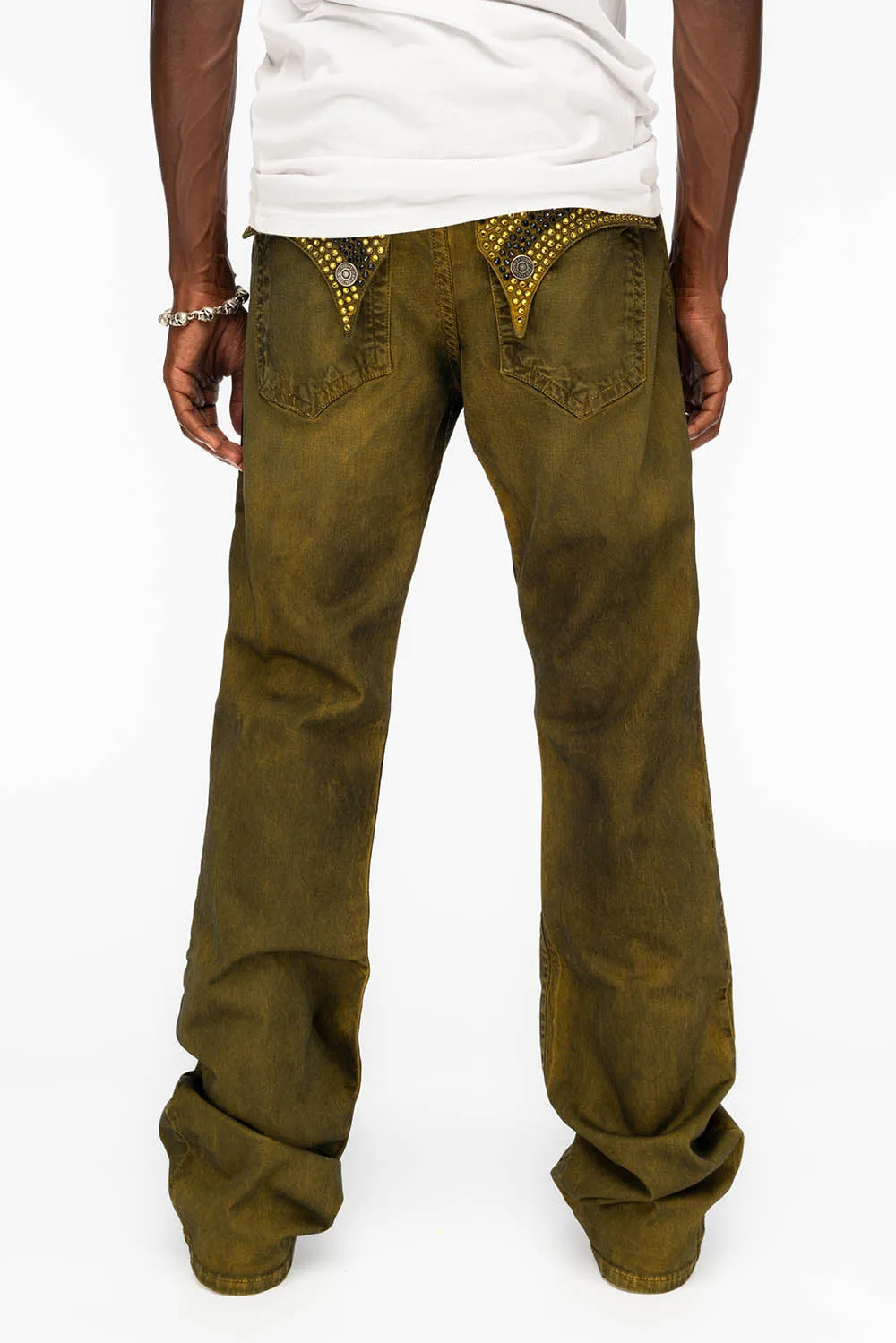 LONG FLAP MENS STRAIGHT JEANS WITH CRYSTALS IN DUSTY YELLOW