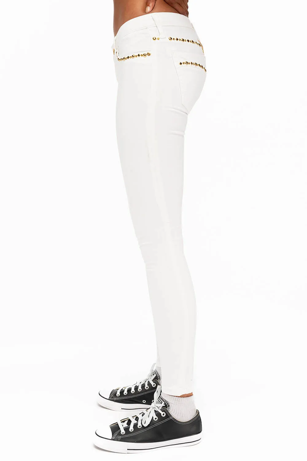 MARILYN LOW RISE WOMENS STUDDED SKINNY JEANS IN WHITE WITH GOLD WINGS AND GOLD STUDS AND CRYSTALS