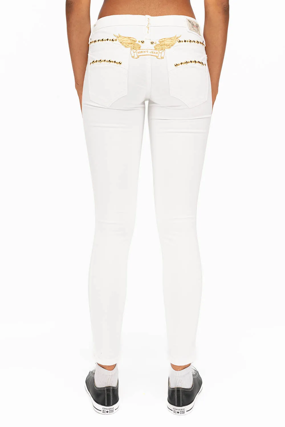 MARILYN LOW RISE WOMENS STUDDED SKINNY JEANS IN WHITE WITH GOLD WINGS AND GOLD STUDS AND CRYSTALS