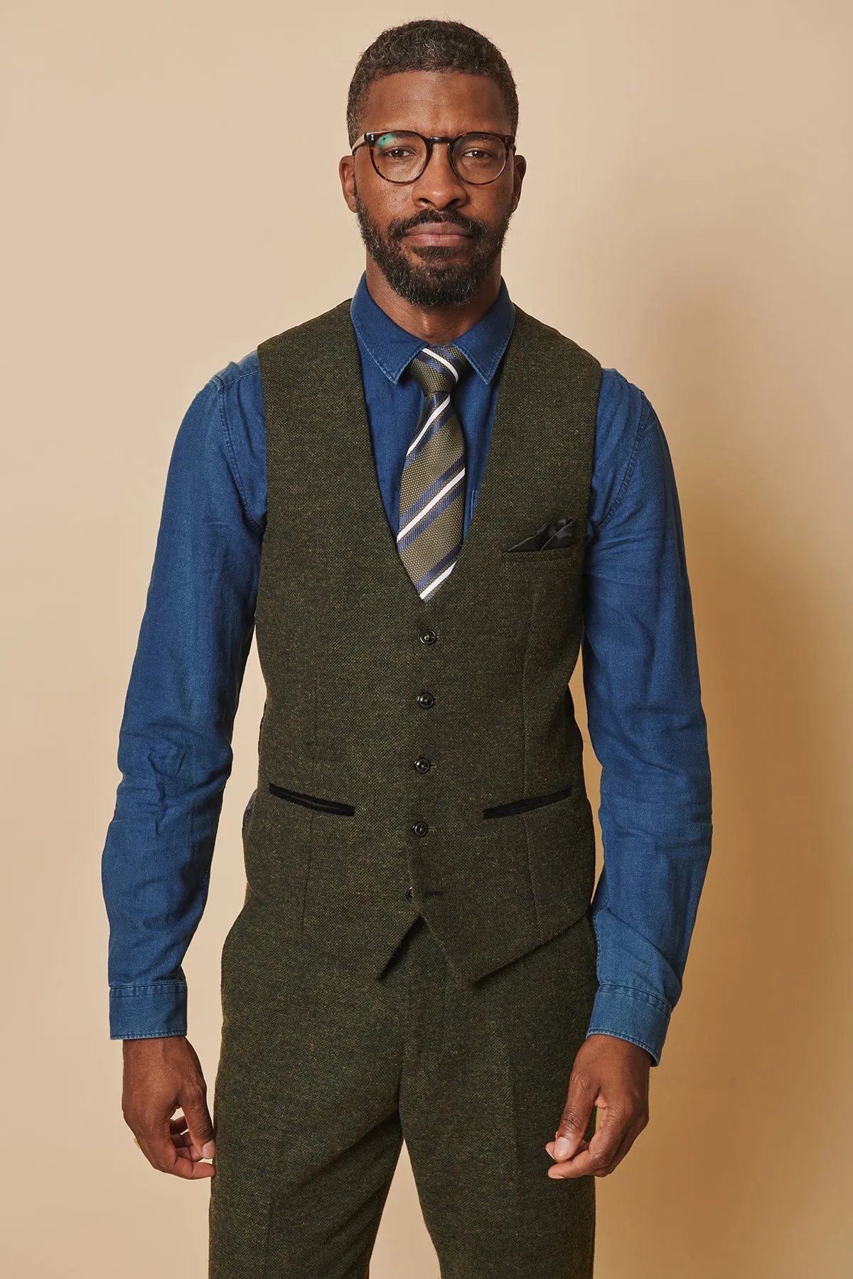 MARLOW - Olive Green Tweed Single Breasted Waistcoat