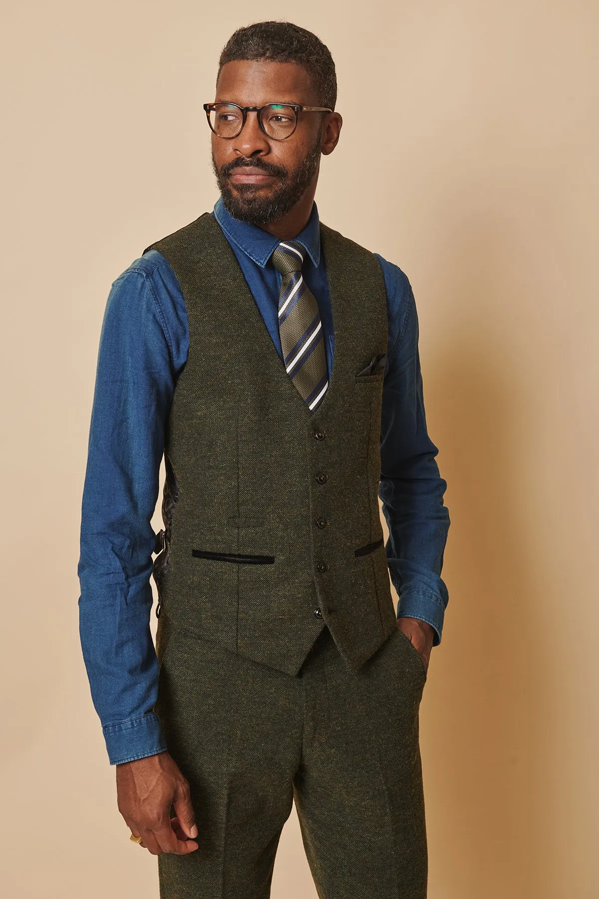 MARLOW - Olive Green Tweed Single Breasted Waistcoat