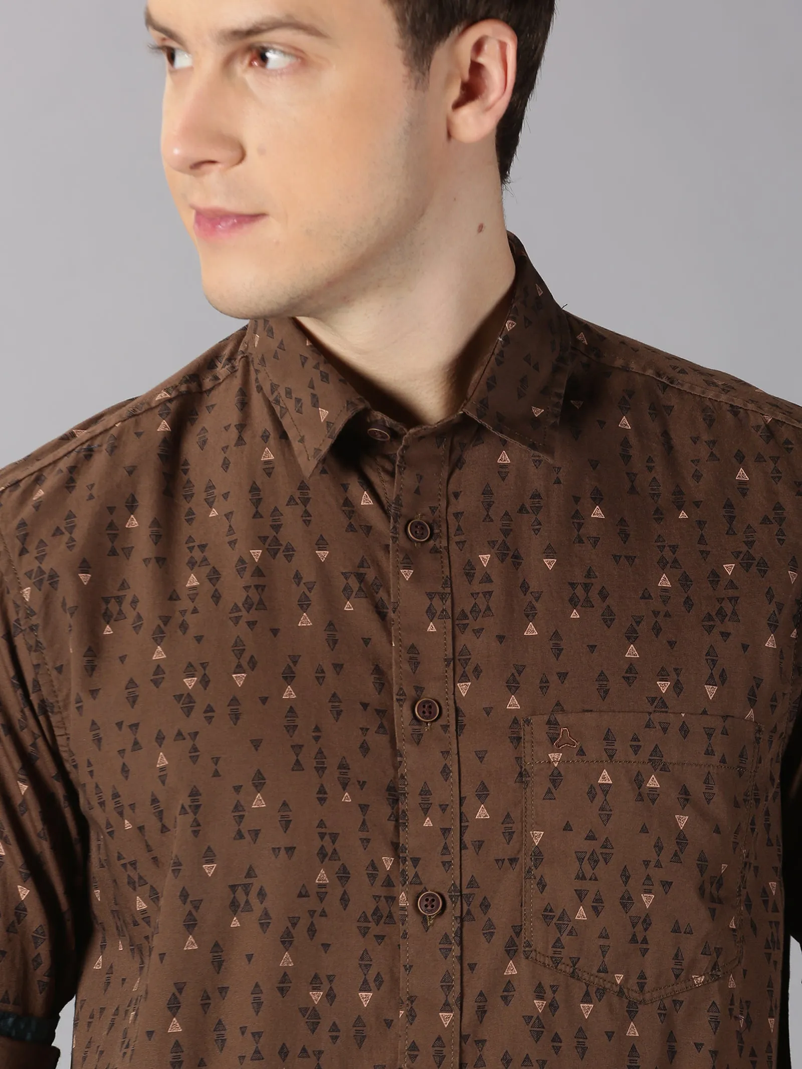 MEN'S BROWN PRINT SLIM FIT SHIRT