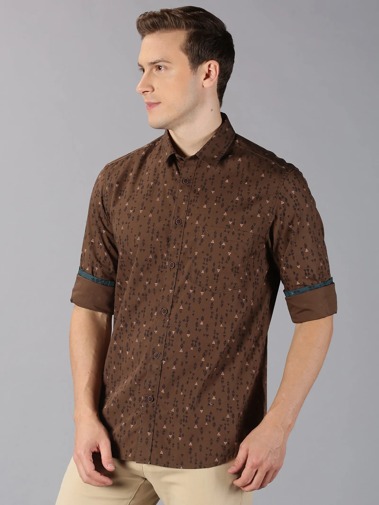 MEN'S BROWN PRINT SLIM FIT SHIRT