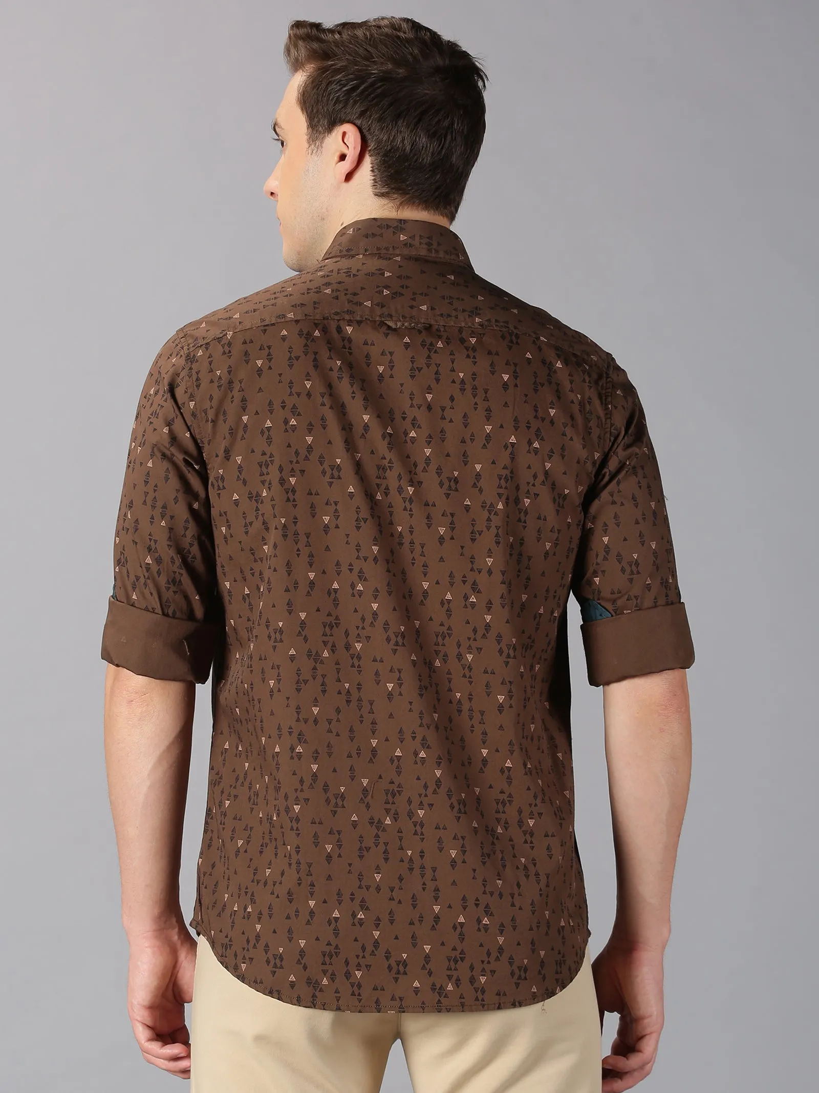 MEN'S BROWN PRINT SLIM FIT SHIRT