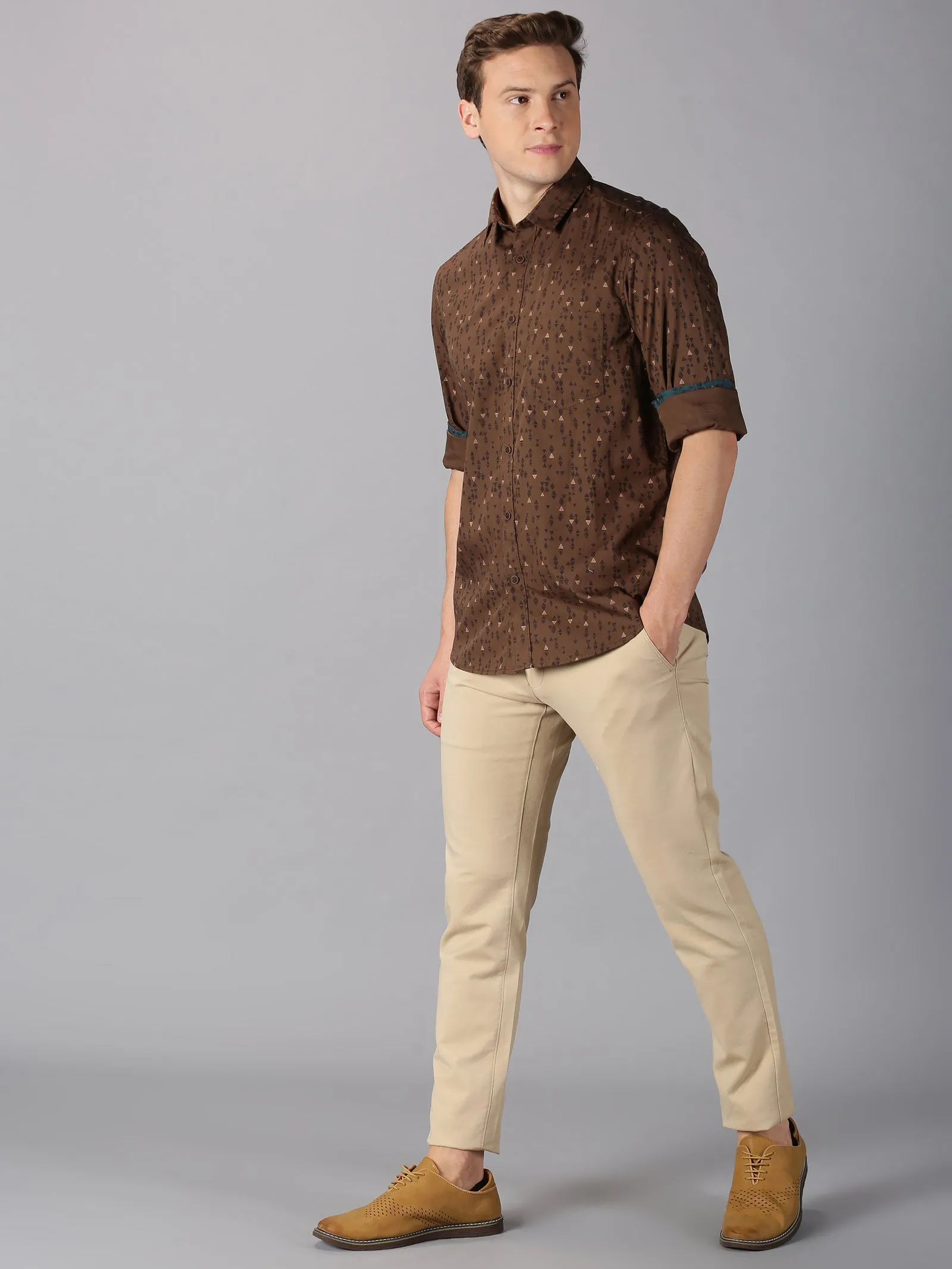 MEN'S BROWN PRINT SLIM FIT SHIRT