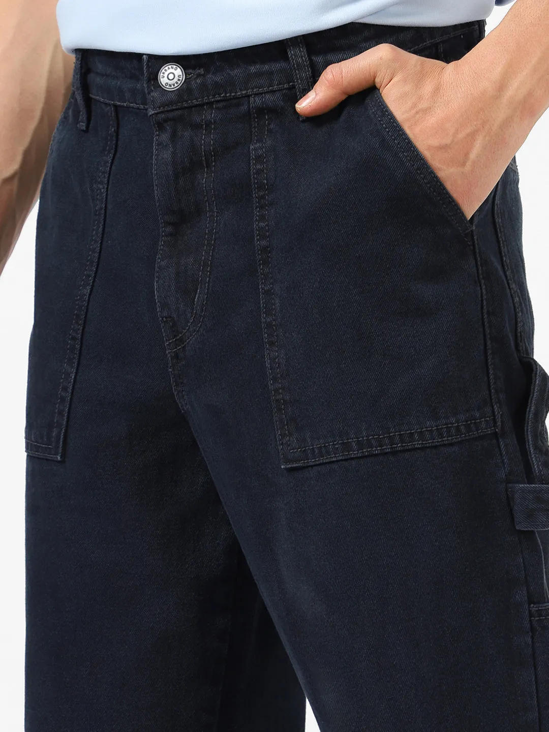 Men's Dark Grey Loose Baggy  Fit Carpenter Cargo Jeans With 6 Pockets Non-Stretchable