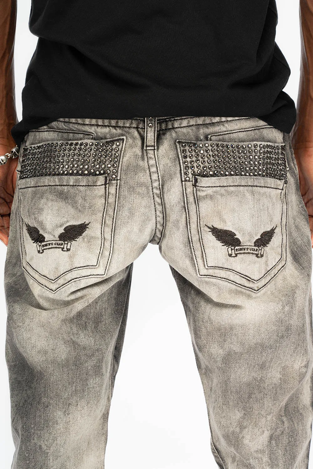 MENS DOUBLE BACK POCKET JEANS WITH CRYSTALS IN CHEROKEE WASH