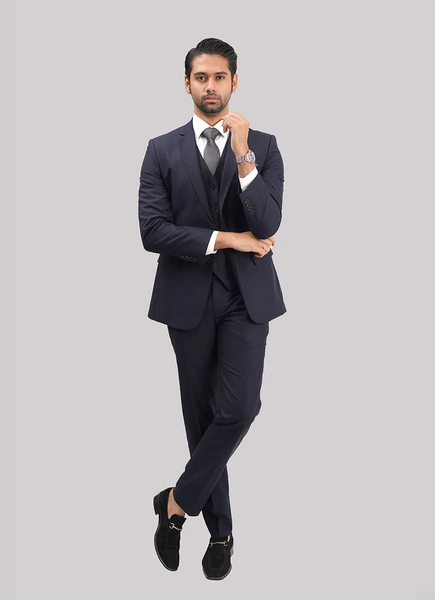 Navy Blue Plain Plain 3-Piece Suit