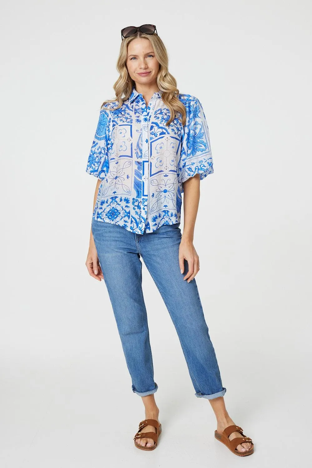 Patchwork Print 1/2 Puff Sleeve Shirt