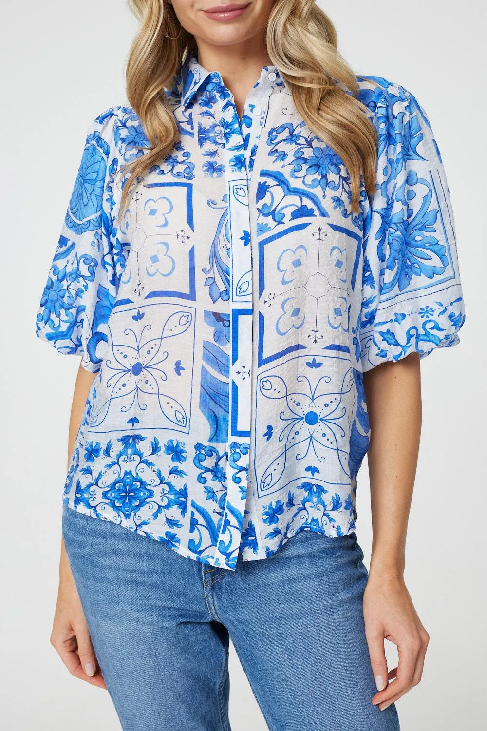 Patchwork Print 1/2 Puff Sleeve Shirt