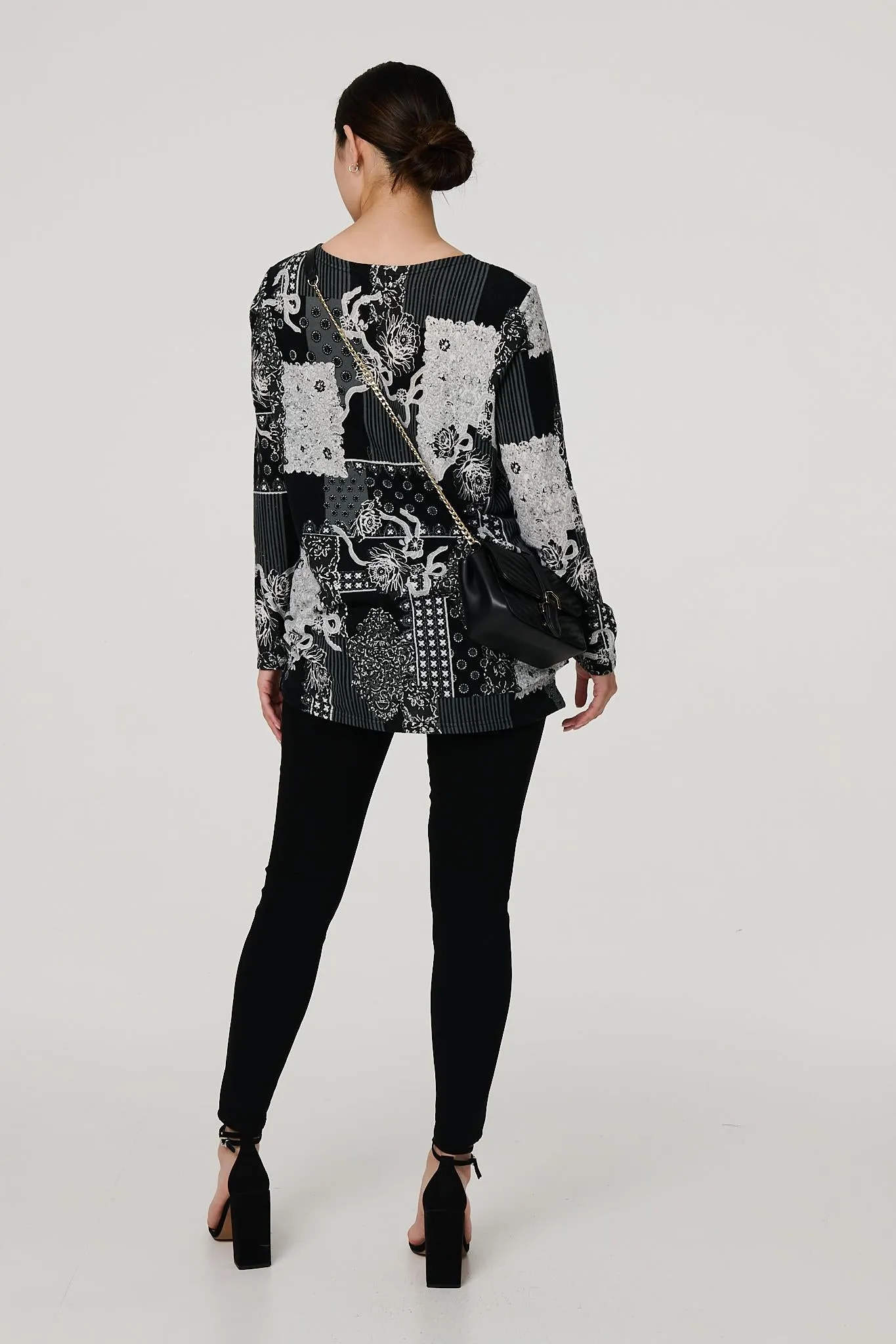 Patchwork Print Long Sleeve Tunic Top