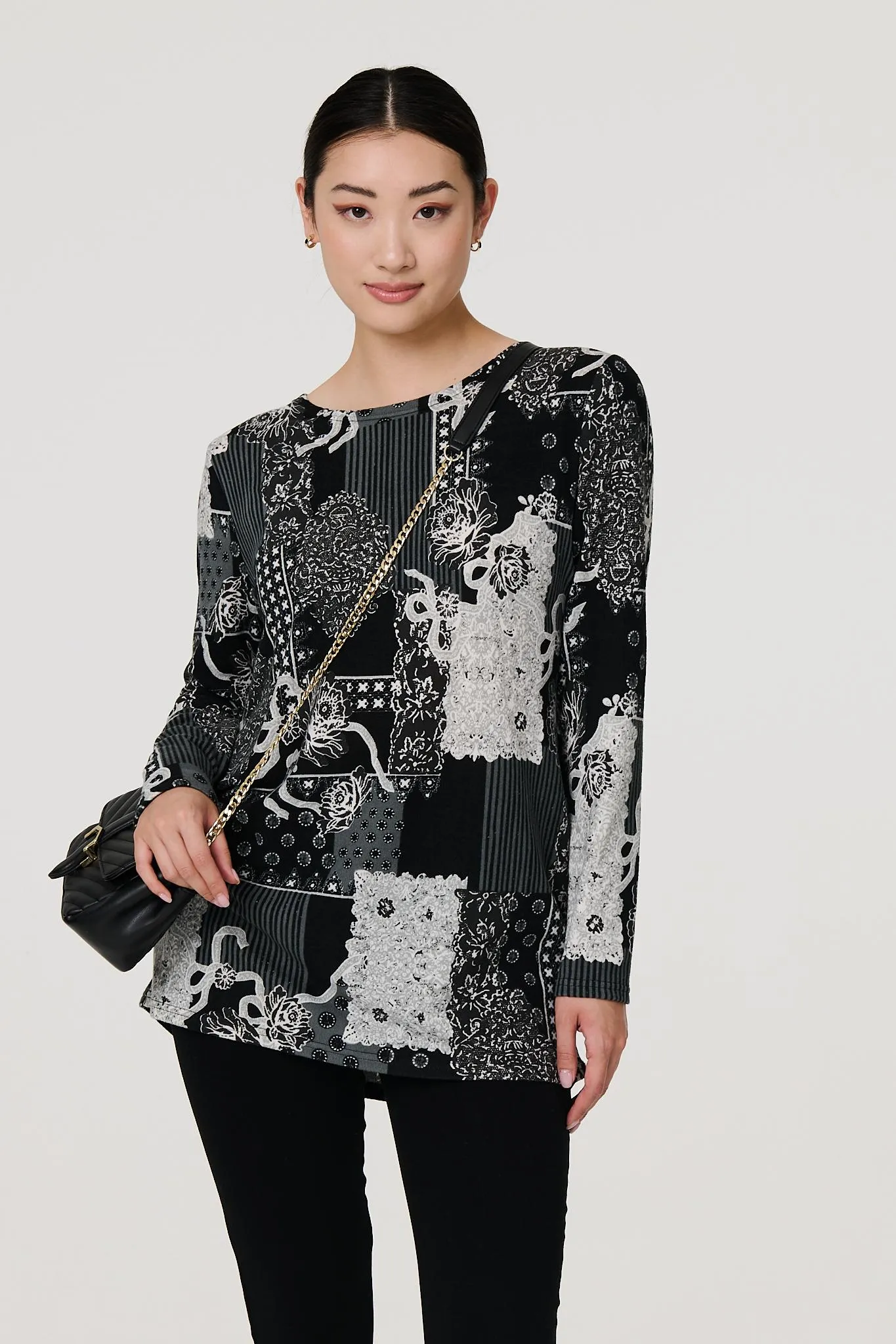 Patchwork Print Long Sleeve Tunic Top