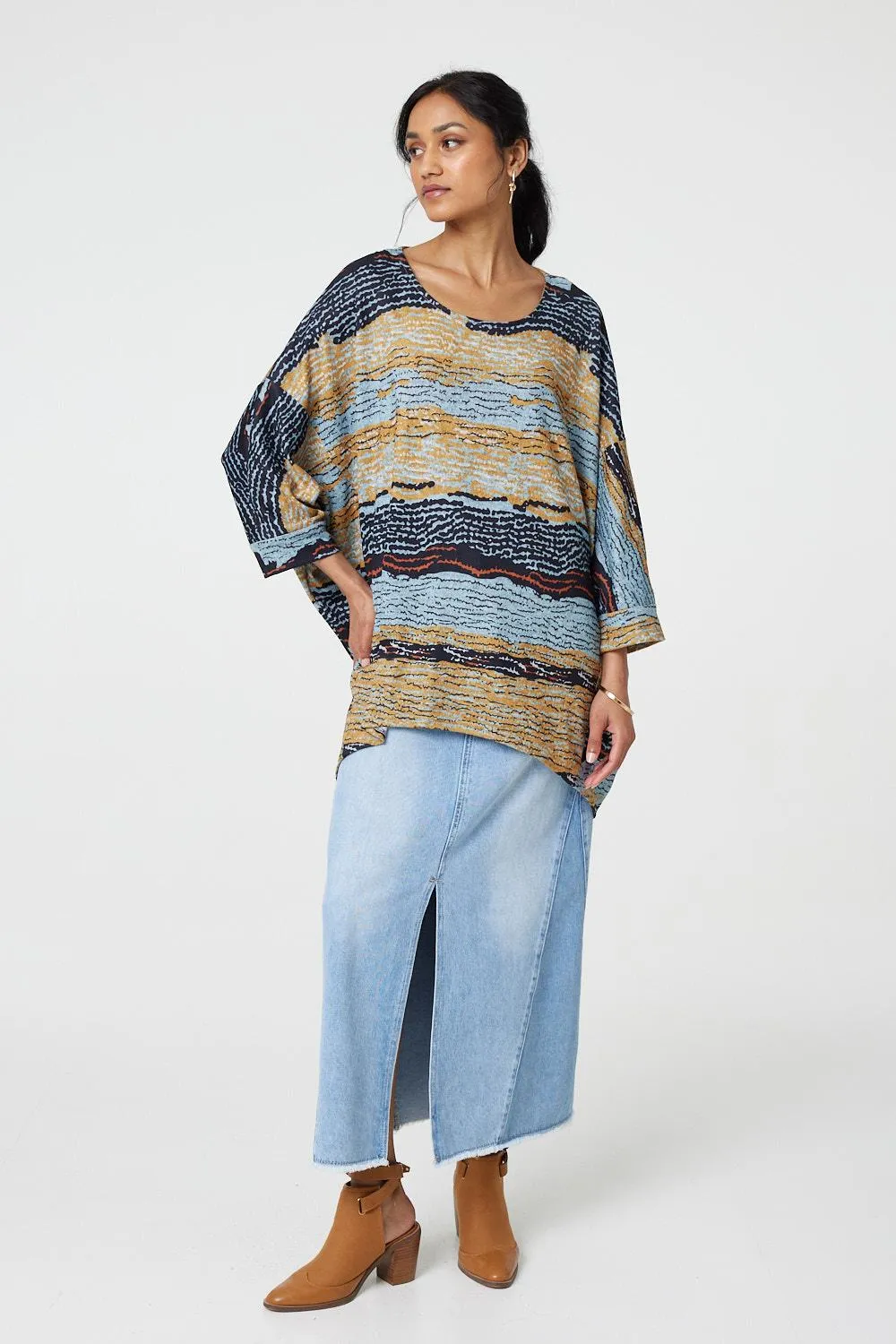 Printed 3/4 Batwing Sleeve Relaxed Tunic Top