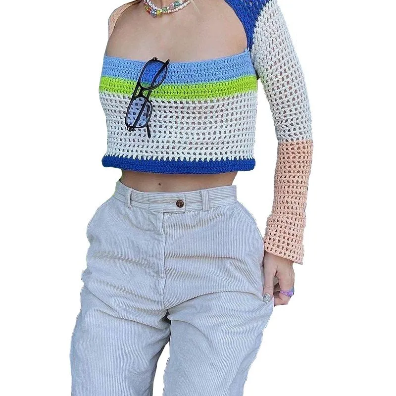 Rainbow Color Block Crochet Knitted Crop Long Sleeve Hollow Out Knit Blouse