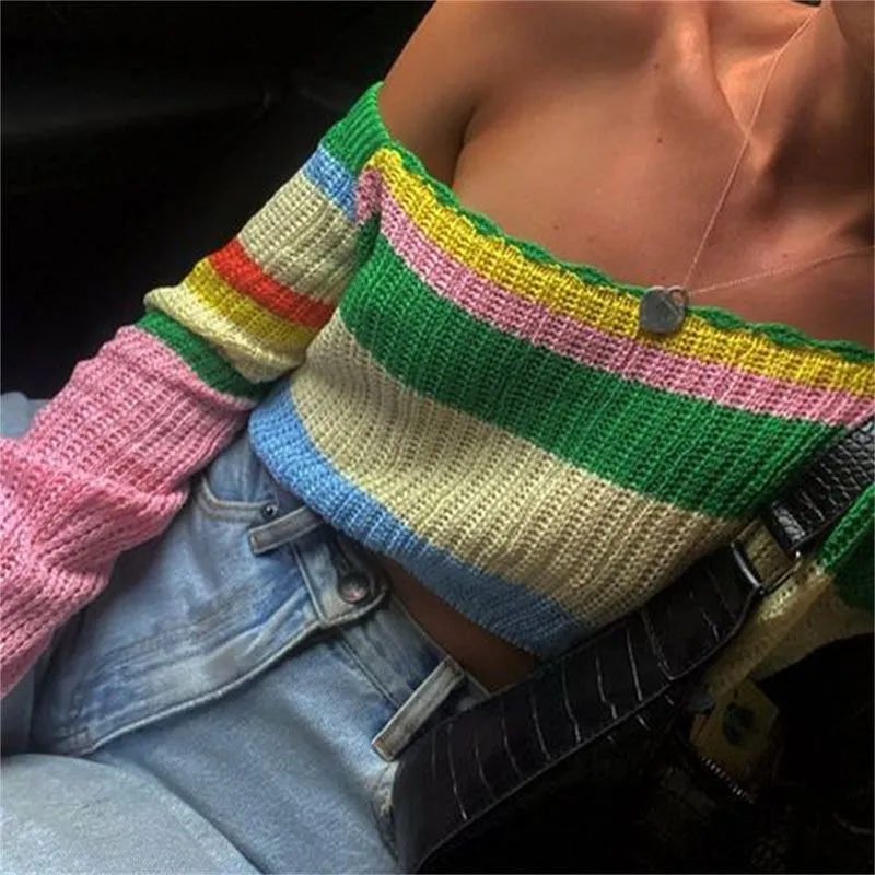 Rainbow Color Block Crochet Knitted Crop Long Sleeve Hollow Out Knit Blouse