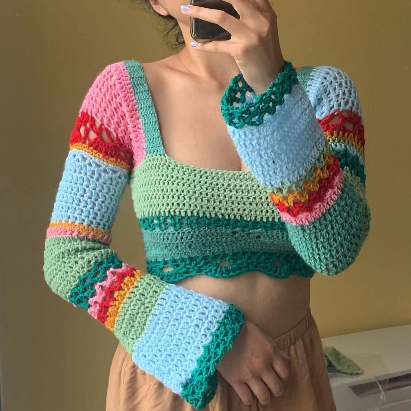 Rainbow Color Block Crochet Knitted Crop Long Sleeve Hollow Out Knit Blouse