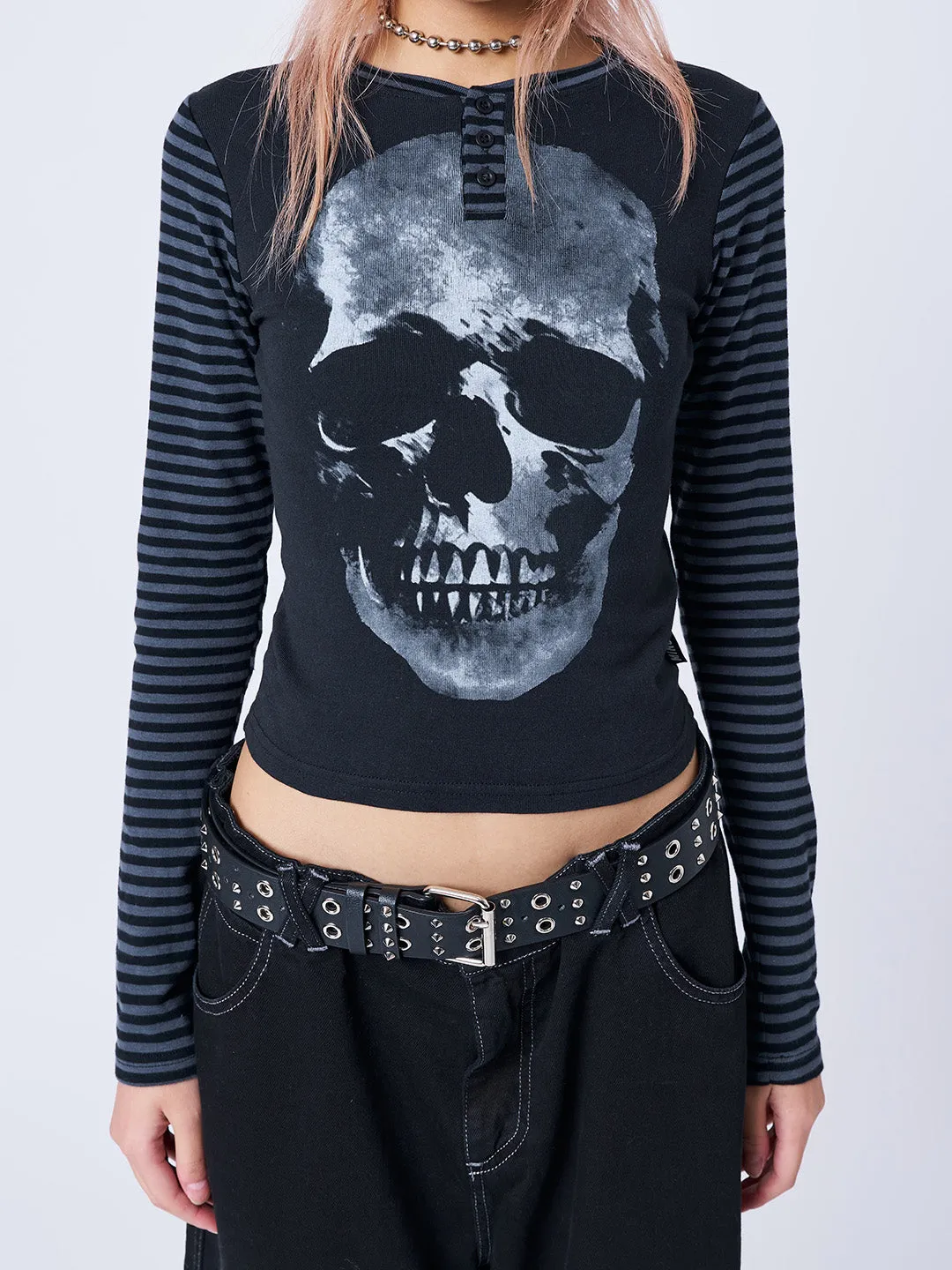 Reeper Skull Half Button Striped Top