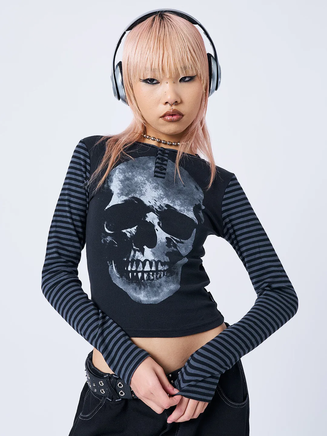 Reeper Skull Half Button Striped Top