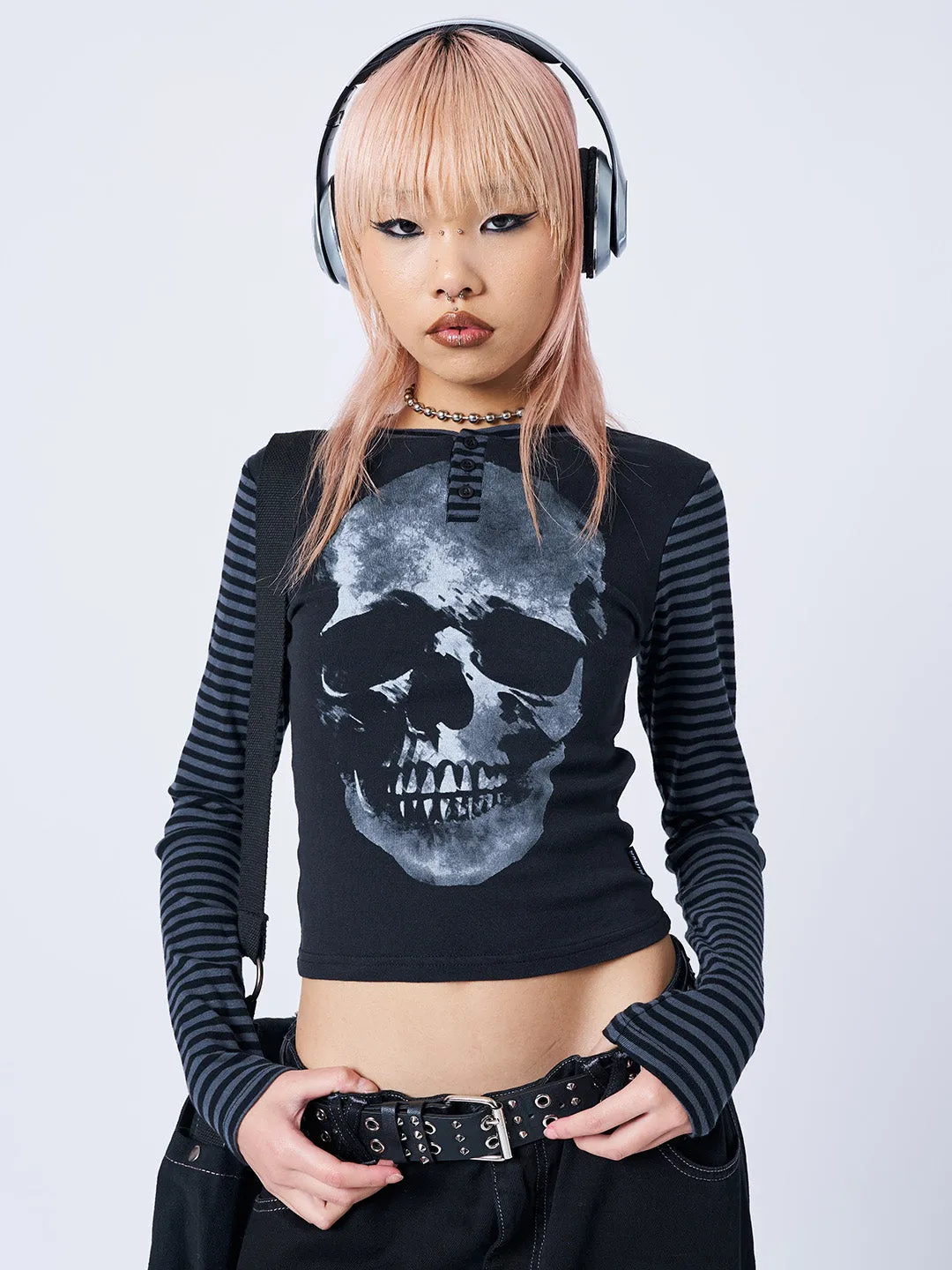 Reeper Skull Half Button Striped Top