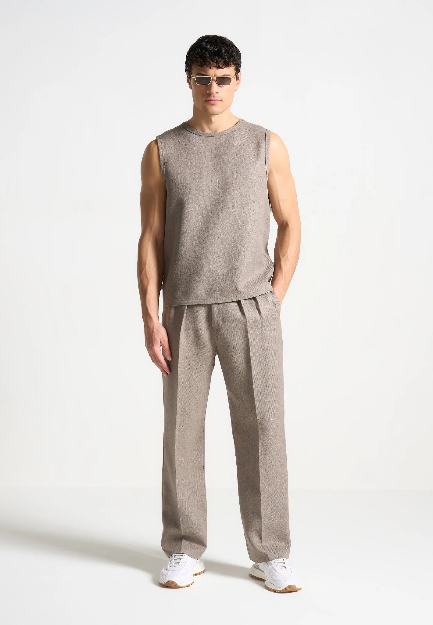 Relaxed Fit Textured Pleated Tailored Trousers - Taupe