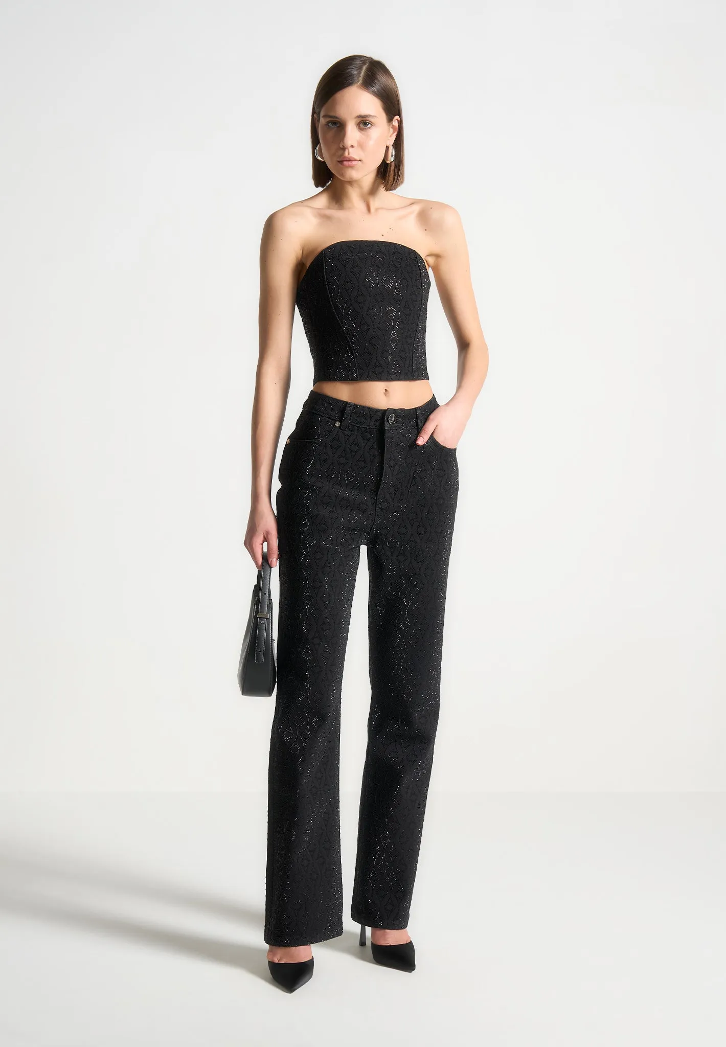 Rhinestone Eiffel Boyfriend Jeans - Black