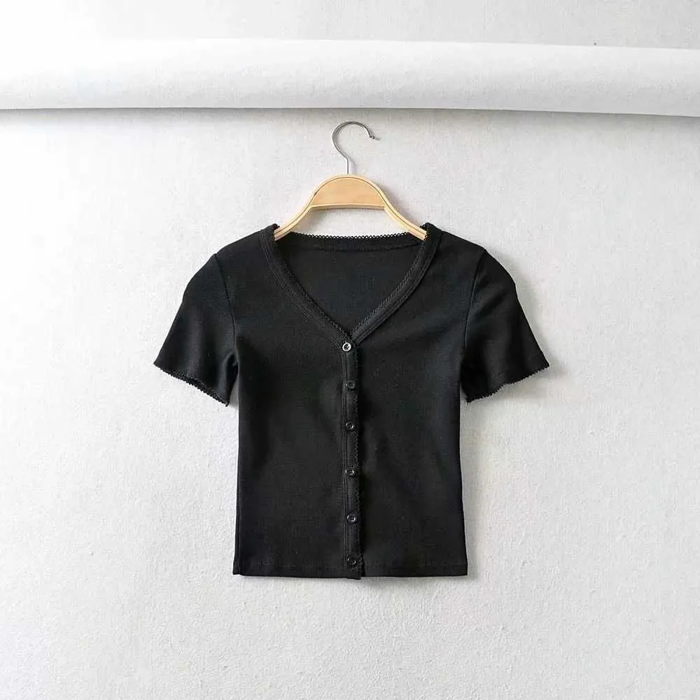 Rib Lace Trimmed V Neck Button Down Crop Top Tee Shirt