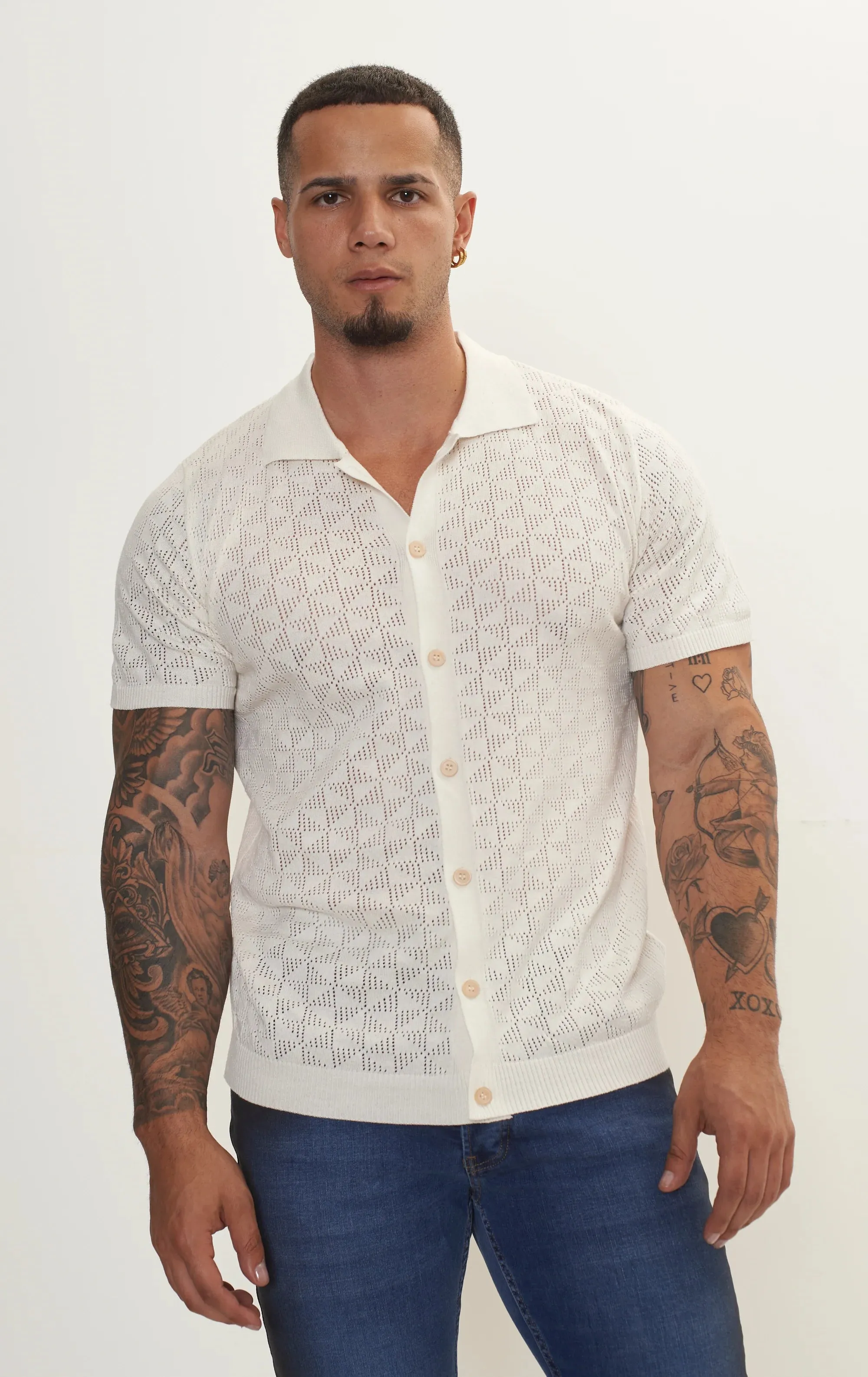 RNT23 Geometric crochet polo shirt off-white