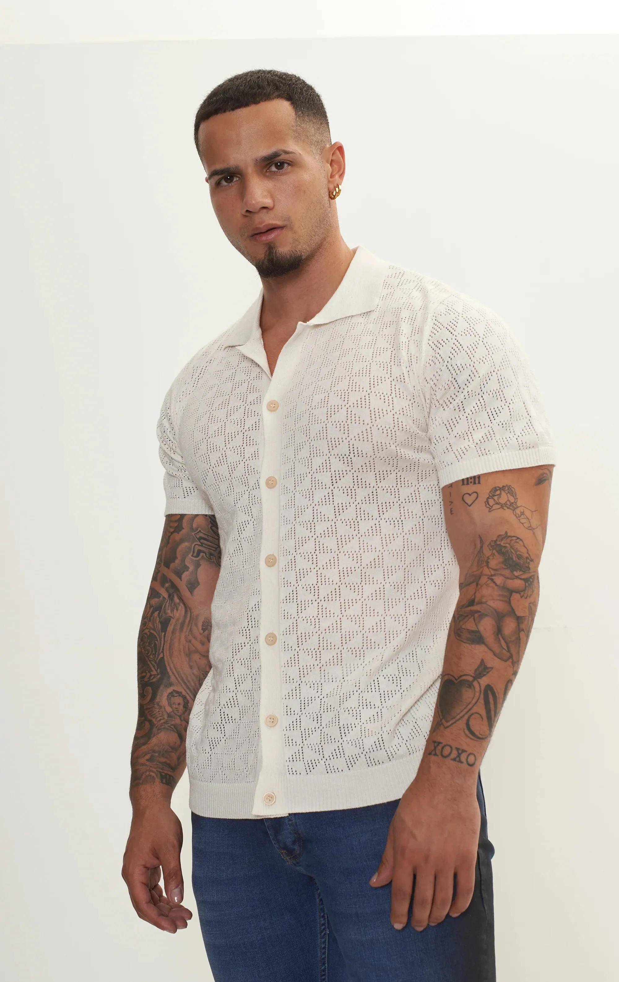 RNT23 Geometric crochet polo shirt off-white