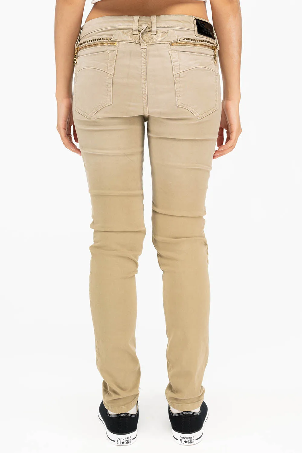 ROBIN'S MILITARY INSPIRED WOMENS SKINNY UTILITARIAN JEANS IN SULFUR SAND WASH WITH STUDS