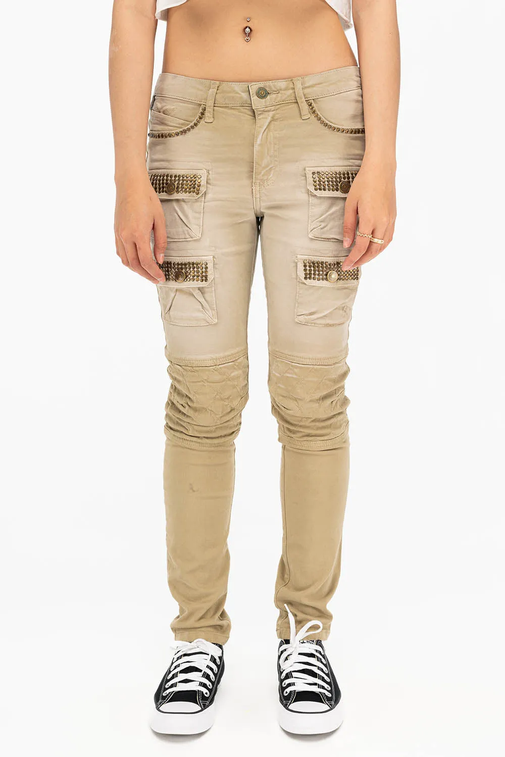 ROBIN'S MILITARY INSPIRED WOMENS SKINNY UTILITARIAN JEANS IN SULFUR SAND WASH WITH STUDS