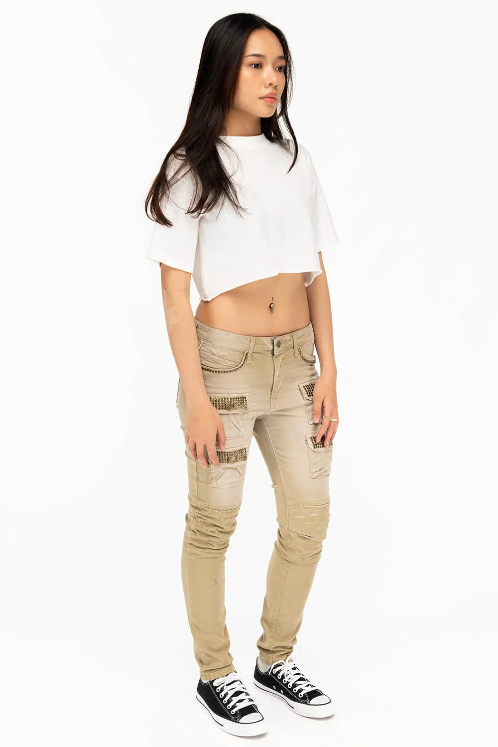 ROBIN'S MILITARY INSPIRED WOMENS SKINNY UTILITARIAN JEANS IN SULFUR SAND WASH WITH STUDS