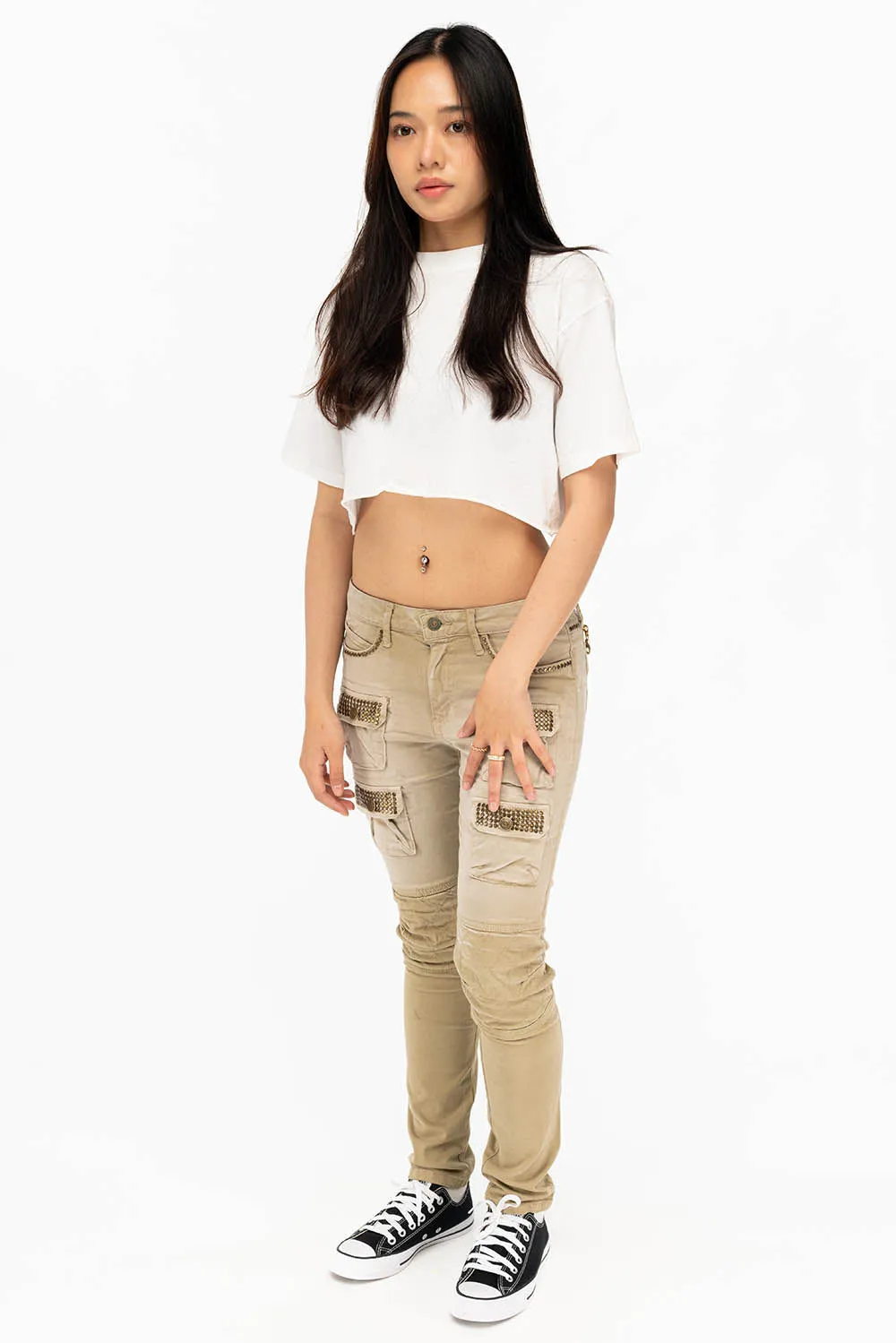 ROBIN'S MILITARY INSPIRED WOMENS SKINNY UTILITARIAN JEANS IN SULFUR SAND WASH WITH STUDS