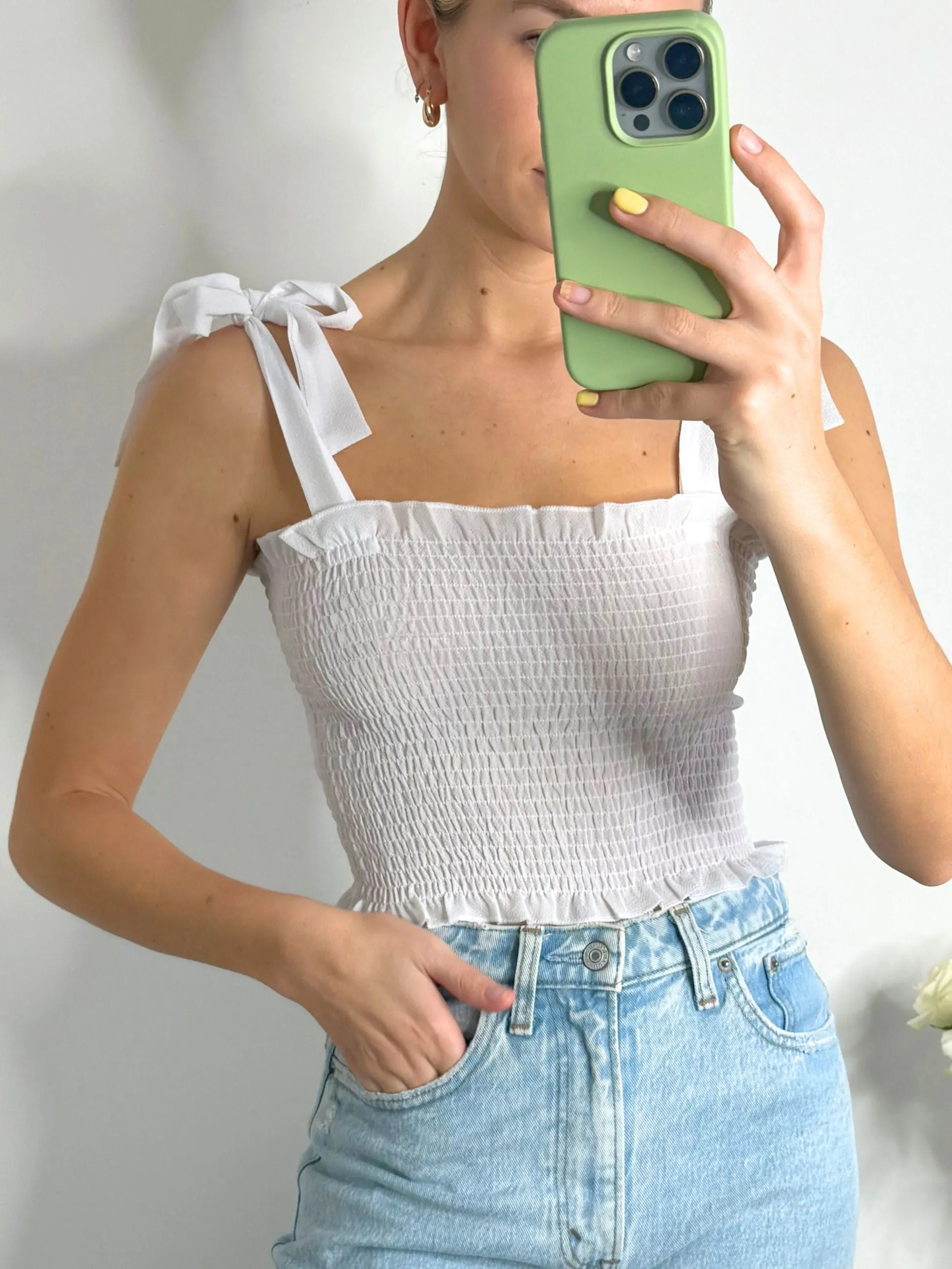 Sami Tie Shoulder Shirred Crop Top in White