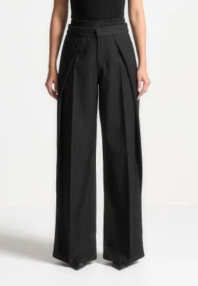 Satin Waistband Pinstripe Trousers - Black